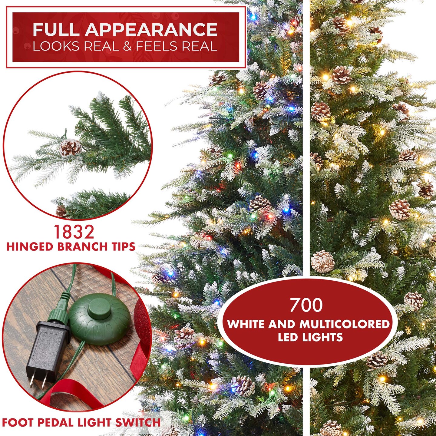 Casafield Pre-Lit Aspen Fir Christmas Tree with White & Multicolored LED Lights, Realistic Artificial Noble Fir with Sturdy Stand