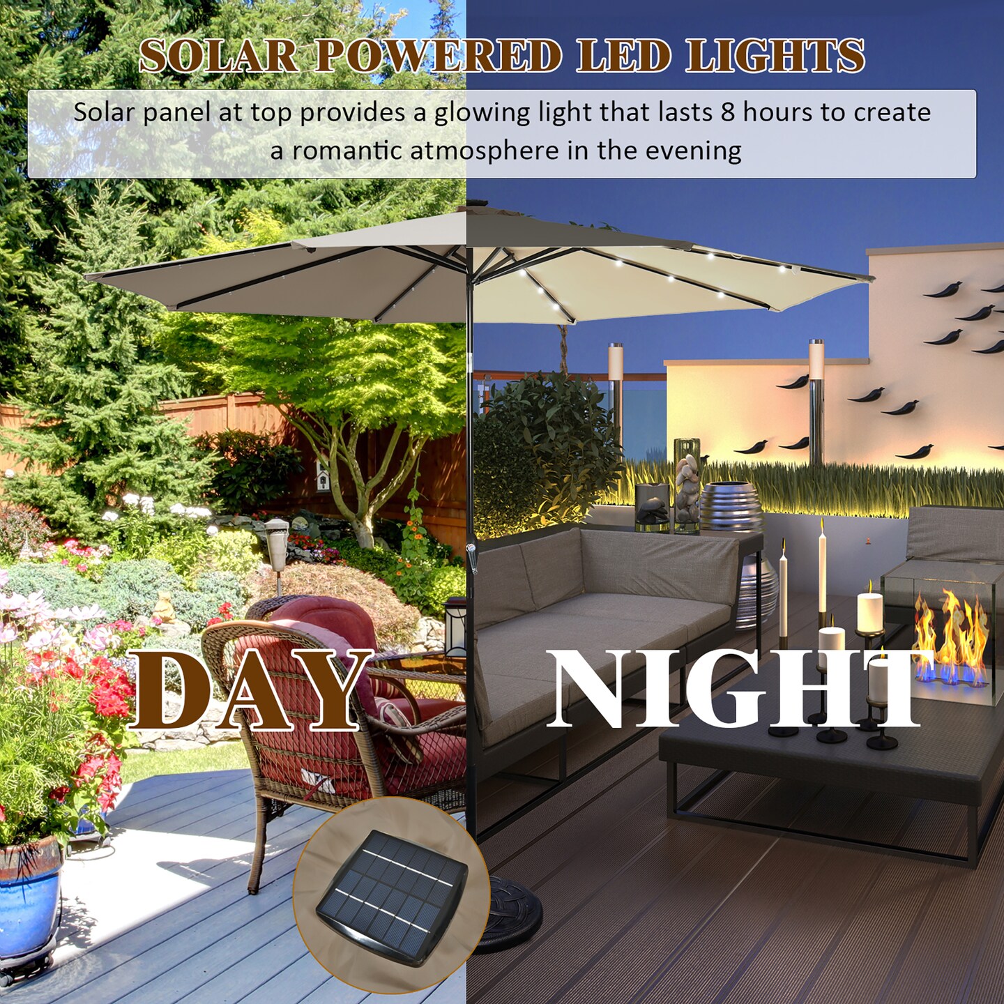Costway 10' Solar LED Lighted Patio Market Umbrella Shade Tilt Adjustment Crank Tan/Beige/Blue/Navy/Burgundy/Gray