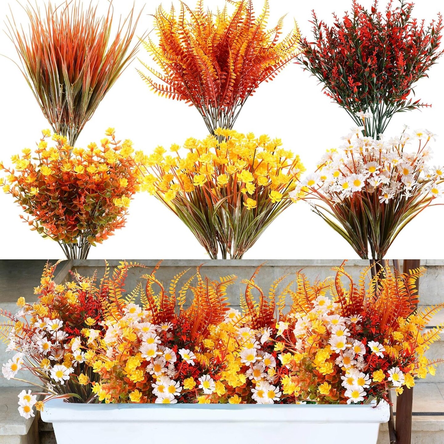 24 Pcs Fall Artificial Flowers – UV Resistant Faux Plants for Outdoor Planters, Porches, Patios, and Yard Décor (Fall Color)