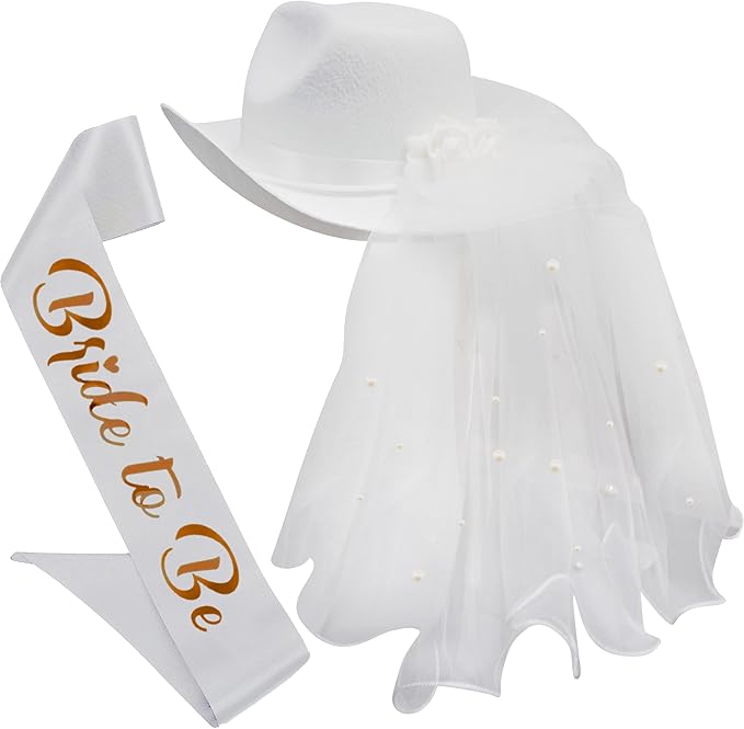 4E's Novelty Bride Cowgirl Hat with Veil & Sash - Women White Cowboy Hat Bachelorette Party, Bridal Shower Dress Up
