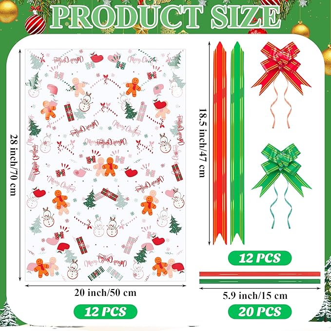 Basket Bags Clear Cellophane Bags 20 x 28 Inch Red Green Basket Bags Clear Thickened Gift Cookie Bags with Red Green Twist Ties, Bows Ribbon for Christmas Gift Baskets