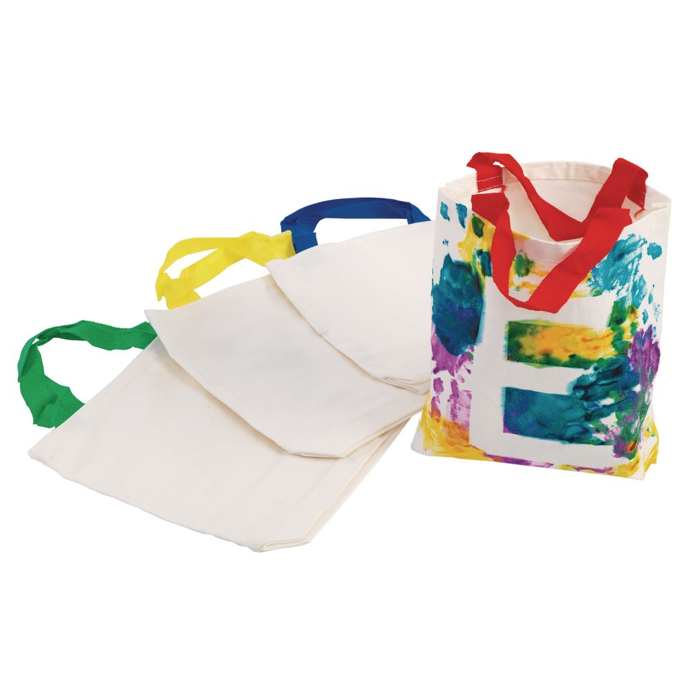 Colorations Set of 12, Kids Decorate Their Own Durable Small Canvas Tote Bags with Colored Handles, Arts &#x26; Crafts, 8-1/2 inches W x 8-1/4 inchesH x 2-1/4  inches D, Personalize Party Favor, Lunch Bag