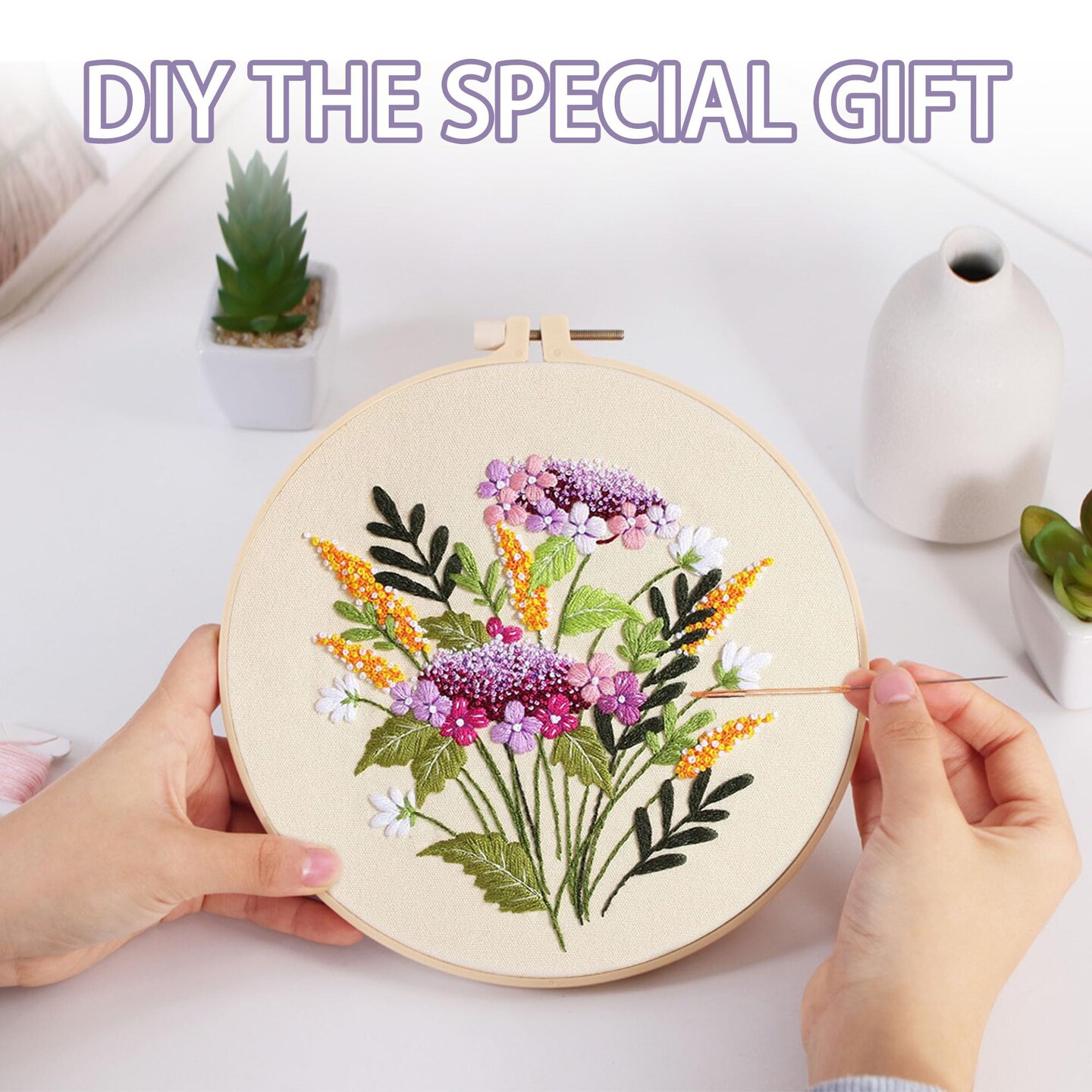 3 PCS Embroidery Kit for Beginners - Cross Stitch DIY Craft Set, Flower Embroidery Accessories &#x26; Hoop Included, Hand Embroidery Kit for Adults Stitching Sewing Kit Gift | FlowerB Patterns