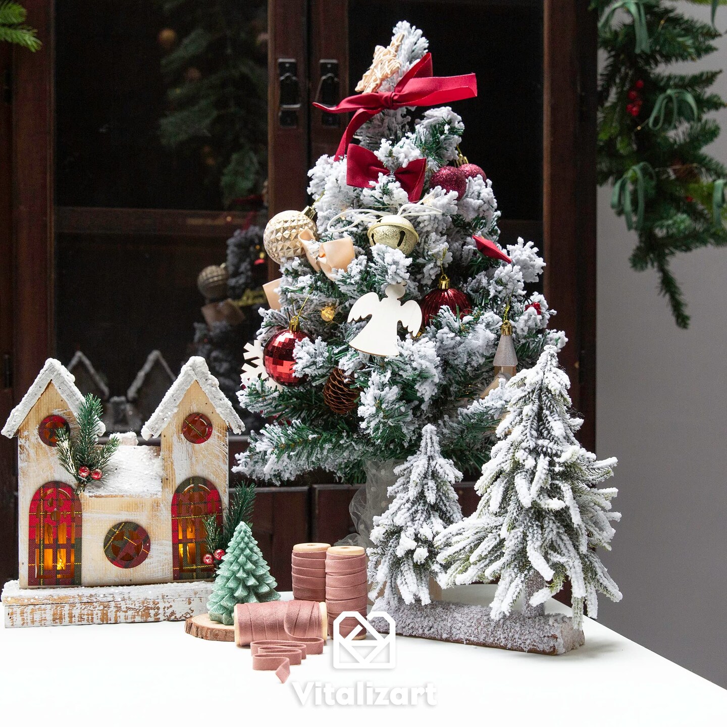 Rose Gold Velvet Ribbon Set 3/8"" x 15Yd Wooden Spool Fabric Trim Eco-Friendly 3 Rolls * 5Yd for Christmas Wreath Decoration Handmade Craft Ornaments Gift Wrapping & Bow Making