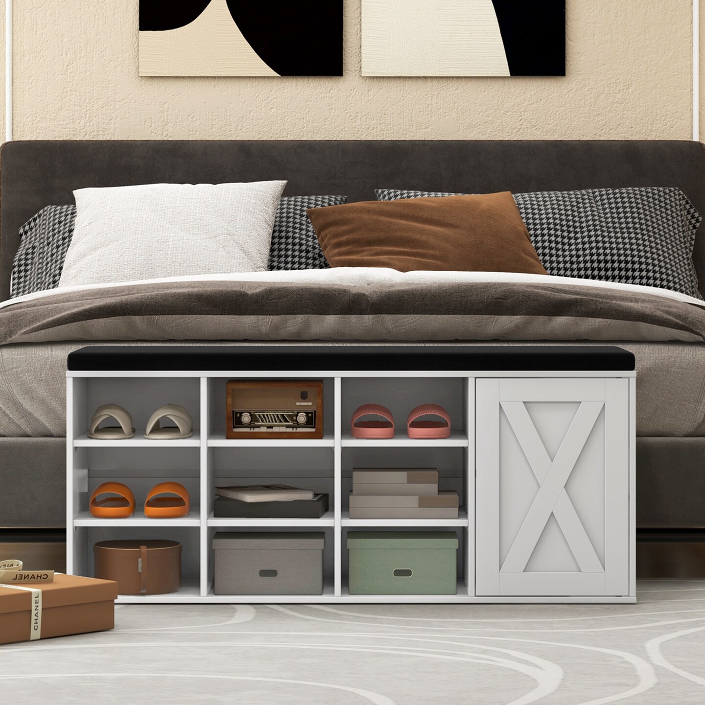 Costway Shoe Bench with Padded Cushion 9-cube Adjustable Storage Shoe Rack White/Grey/Rustic Brown