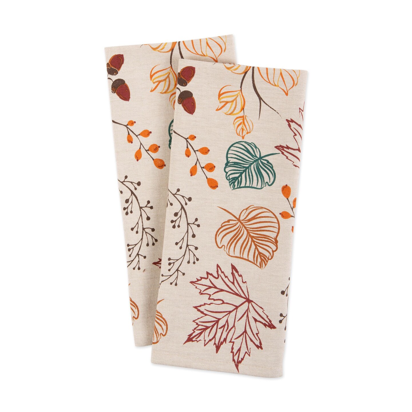 Contemporary Home Living Set of 2 Ivory and Brown Autumn Leaves Printed Dishtowels 28&#x22;