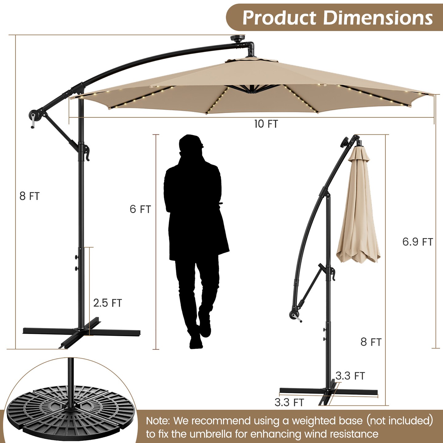Costway 10FT Patio Solar-Lighted 112 LED Cantilever Offset Umbrella Crank Tilt Outdoor