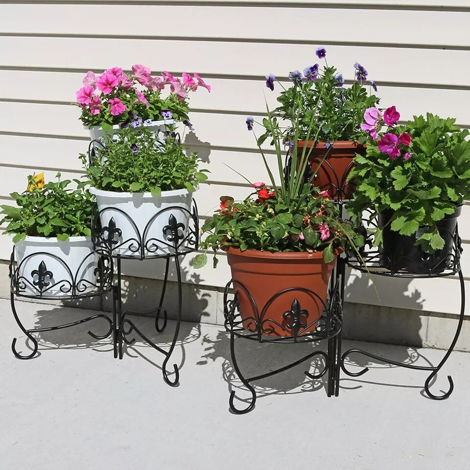 Black Iron French Lily 3-Tiered Plant Stand - 22 in - Set of 2
