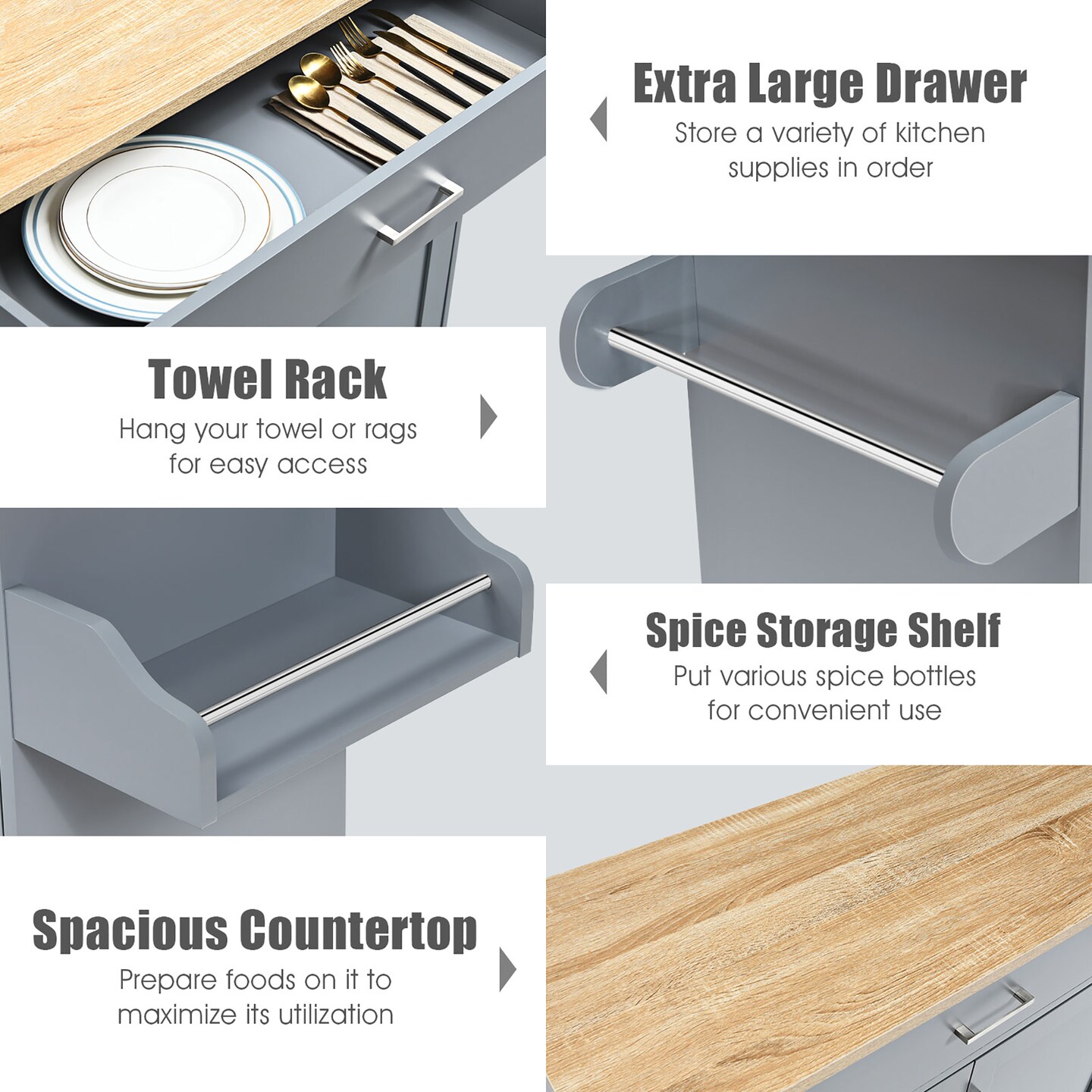 Costway Rolling Kitchen Island Cart Storage Cabinet w/ Towel &#x26; Spice Rack White\Black\Cherry\Gray