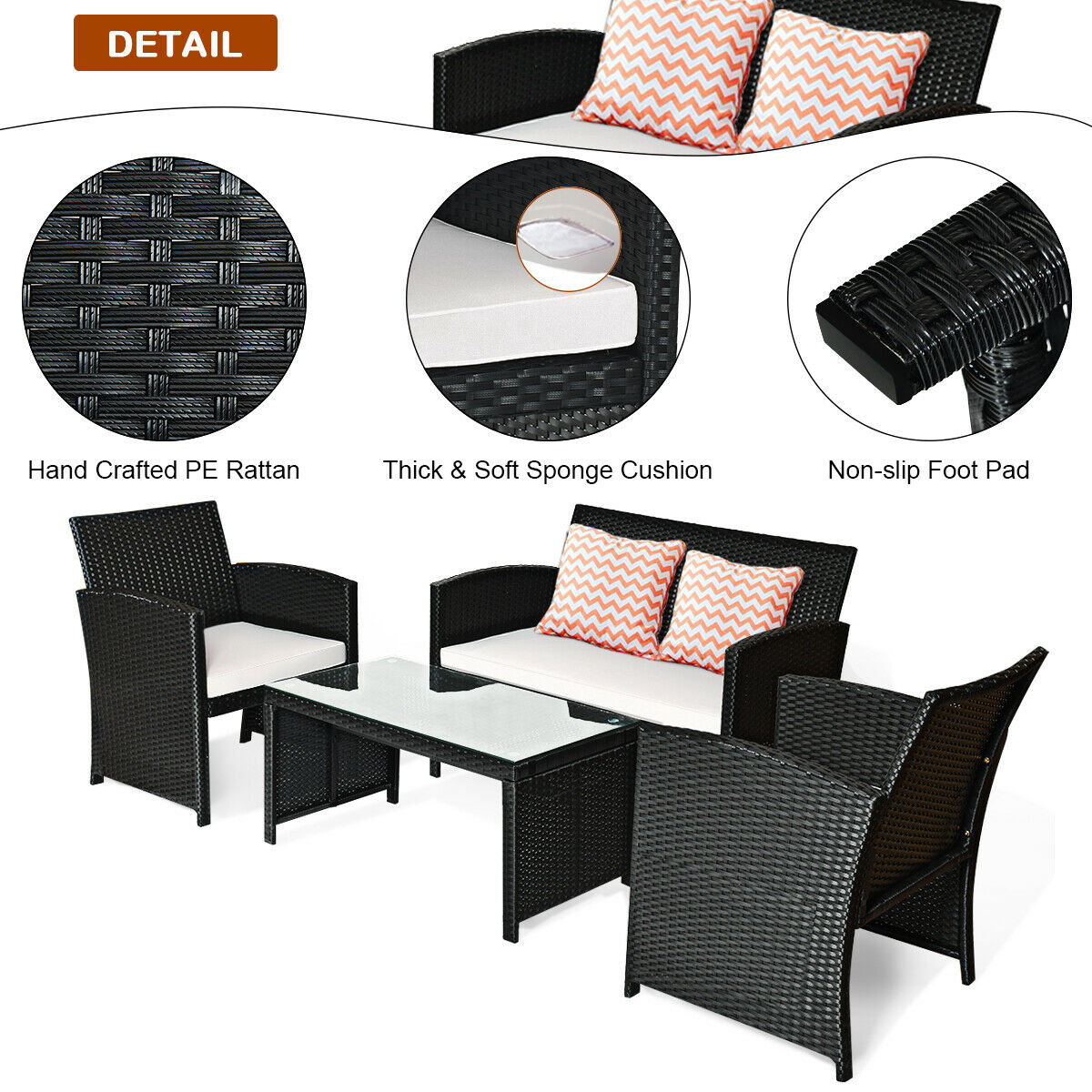 Goplus 4PCS Patio Rattan Furniture Conversation Set Cushioned Sofa Coffee Table Black