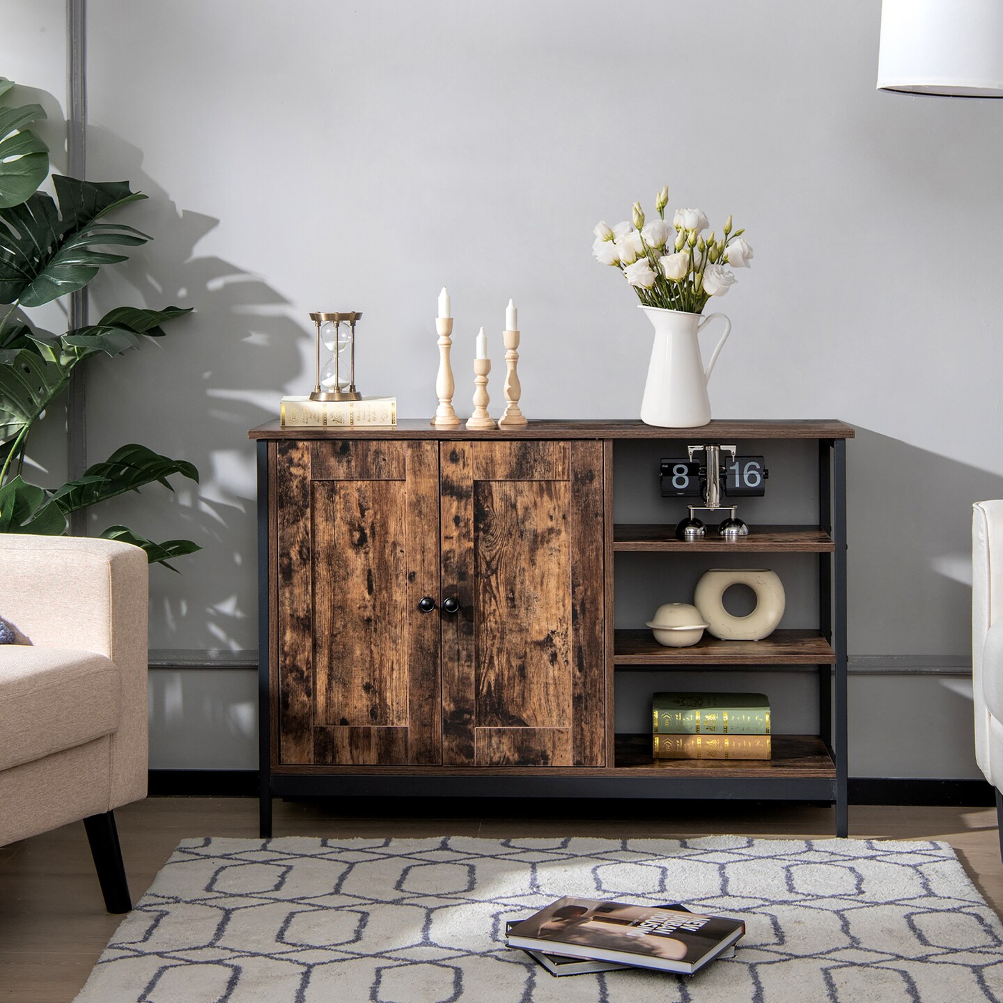 Costway 2-Door Industrial Kitchen Storage Cabinet Buffet Sideboard Open Shelves