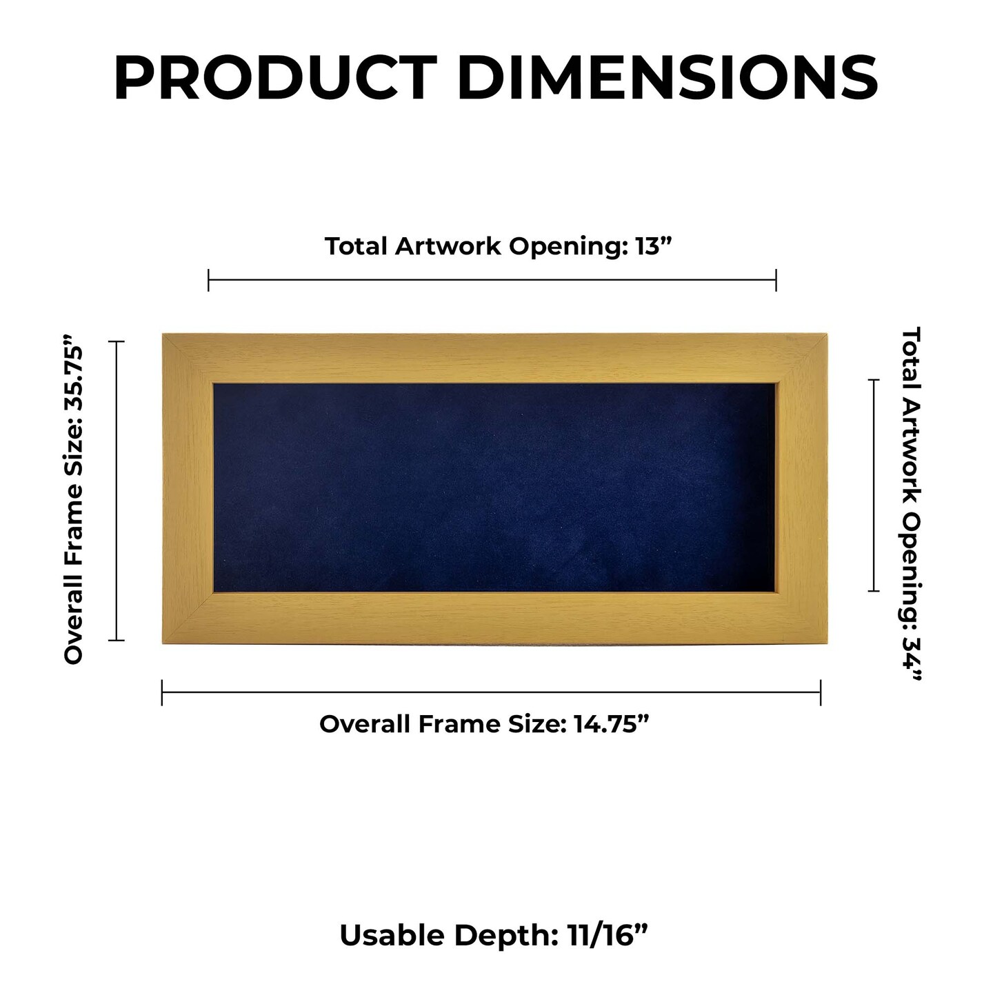 Classic Natural Wood Shadow Box Frame with Acrylic Front - Navy Blue Suede Backing, 30 Sizes