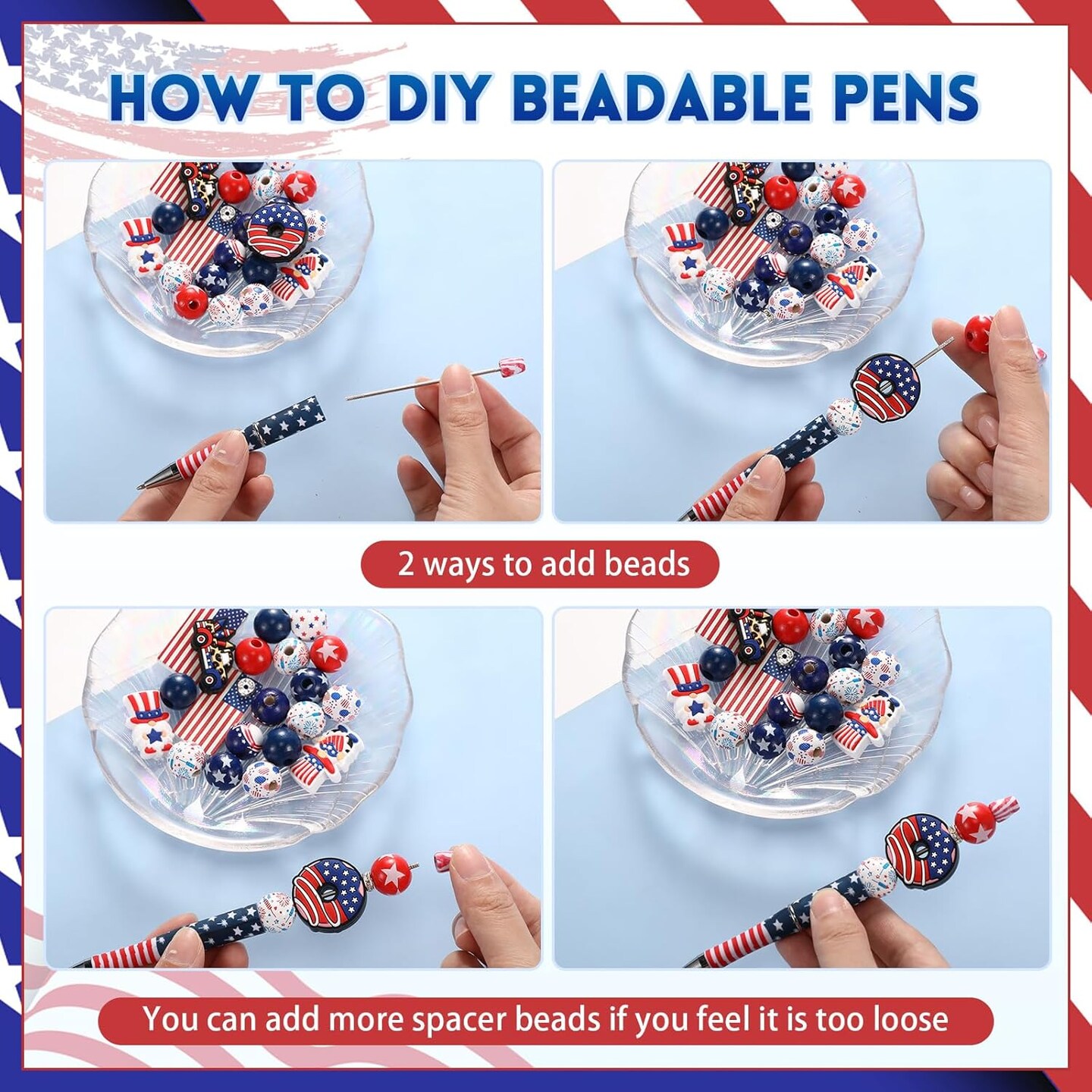 12 Set Beadable Pens DIY Kit - Assorted Beads, Black Ink, American Flag Design