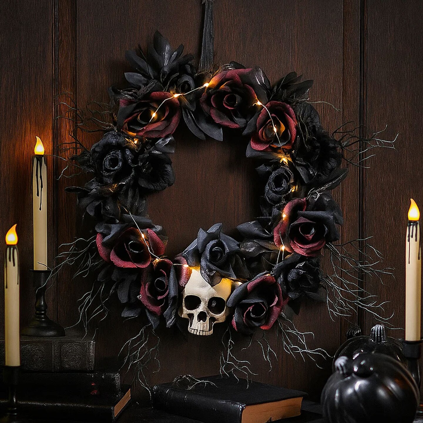 Creepy Halloween Skull and Dead Roses Wreath Decoration 23 1/2 Inches