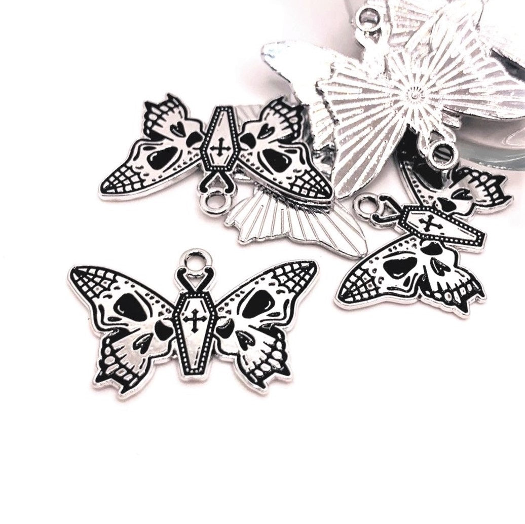 Silver Moth Coffin with Skulls Charms, 20x30mm