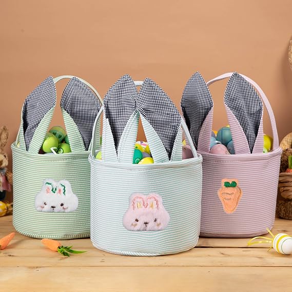 Personalized Easter Basket for Boys Girls, Seersucker Egg Hunt Bunny Baskets for Kids