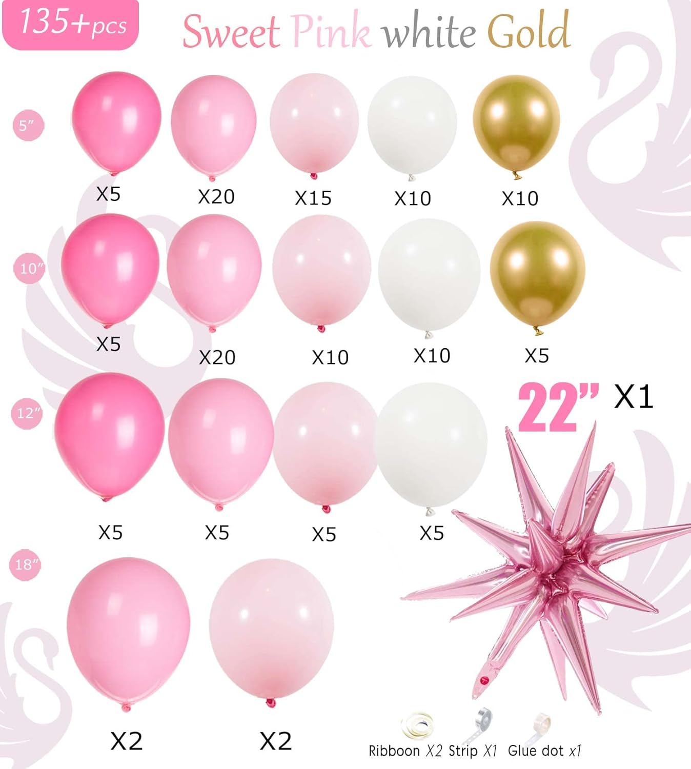 Pink Gold Balloon garland kit 135Pcs Pastel Pink and Gold white balloons for Girl baby shower women Sweet 16/21th Birthday Mother&#x27;s Day Party Princess theme Decorations