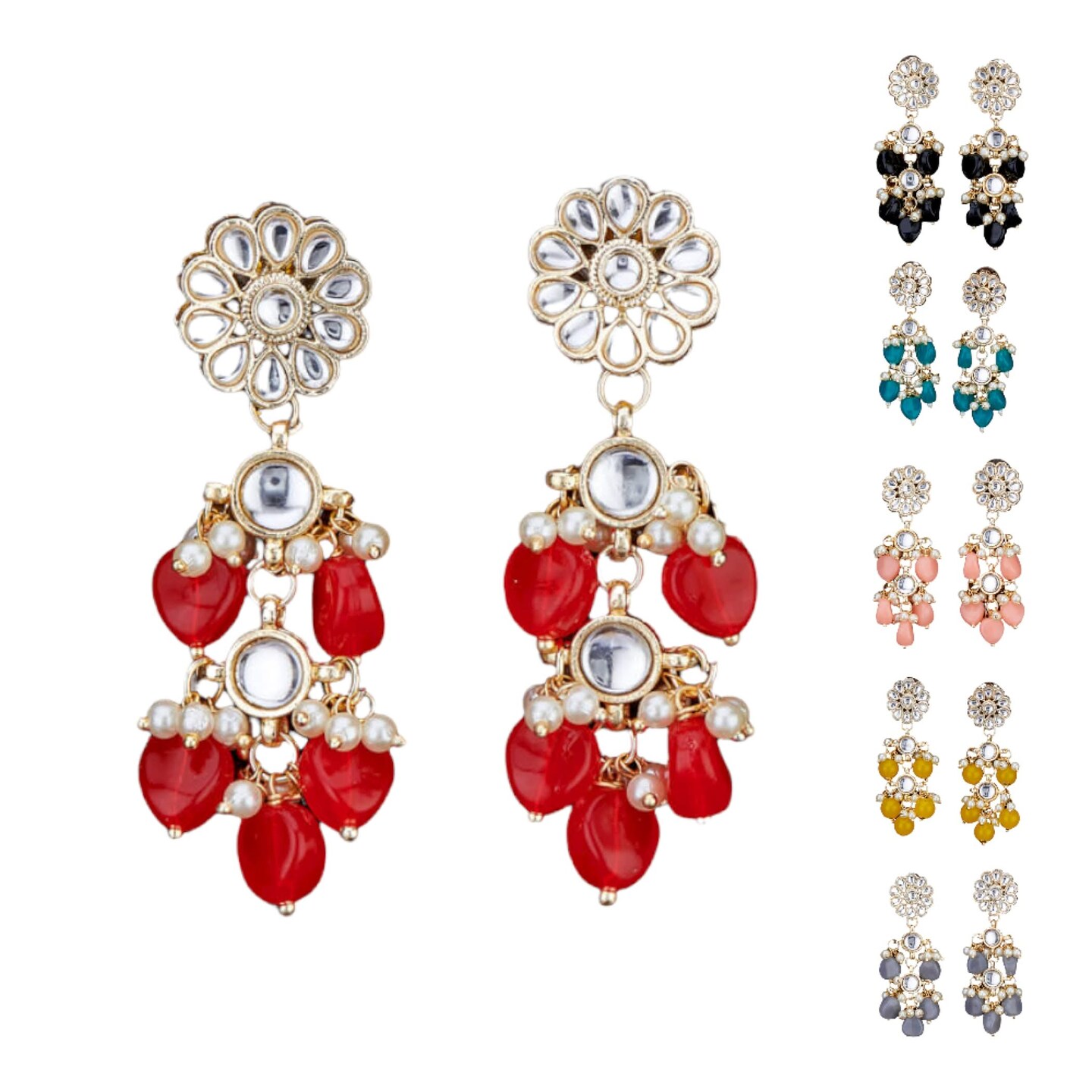 Indian Jhumka Earrings for Women - Large Floral Kundan Faux Pearls Drop Chanbali Earrings Indian Jhumki Ethnic Beaded Bollywood Style Dangle Earrings Jewelry for Bride Birthday Gift for Her