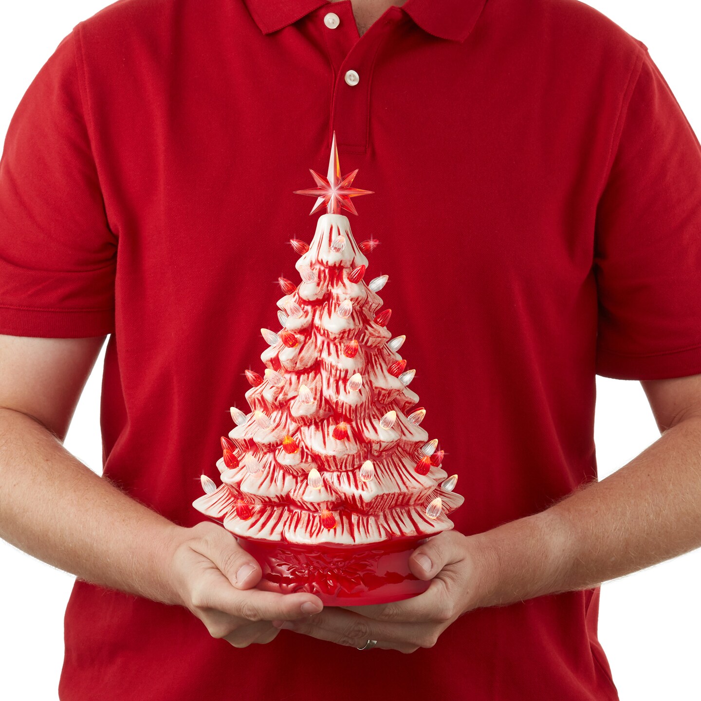 Casafield Hand Painted Ceramic Christmas Tree, Red and White Peppermint 15-Inch Pre-Lit Tree with 128 Red and Clear Lights, 2 Star Toppers