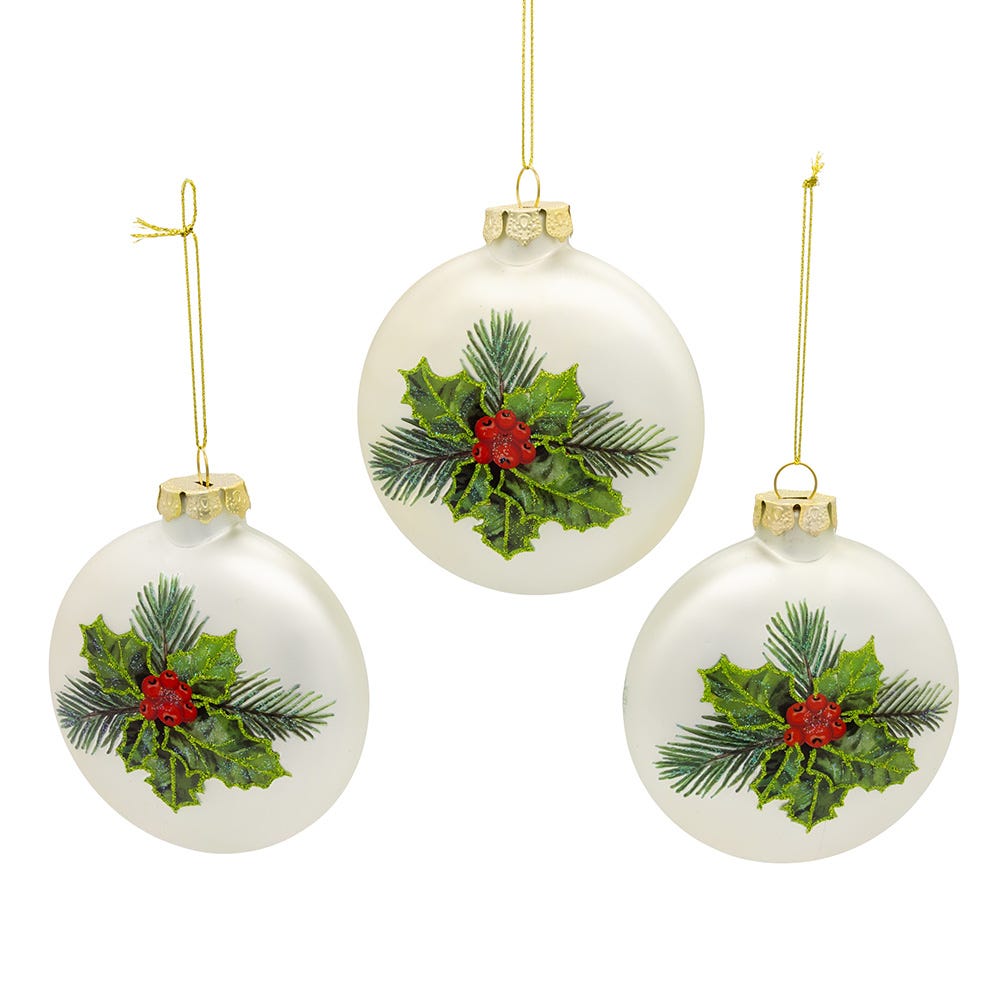 Kurt Adler 100MM Glass Cardinal With Holly Berry Flat Ball Ornaments, 3-Piece Box