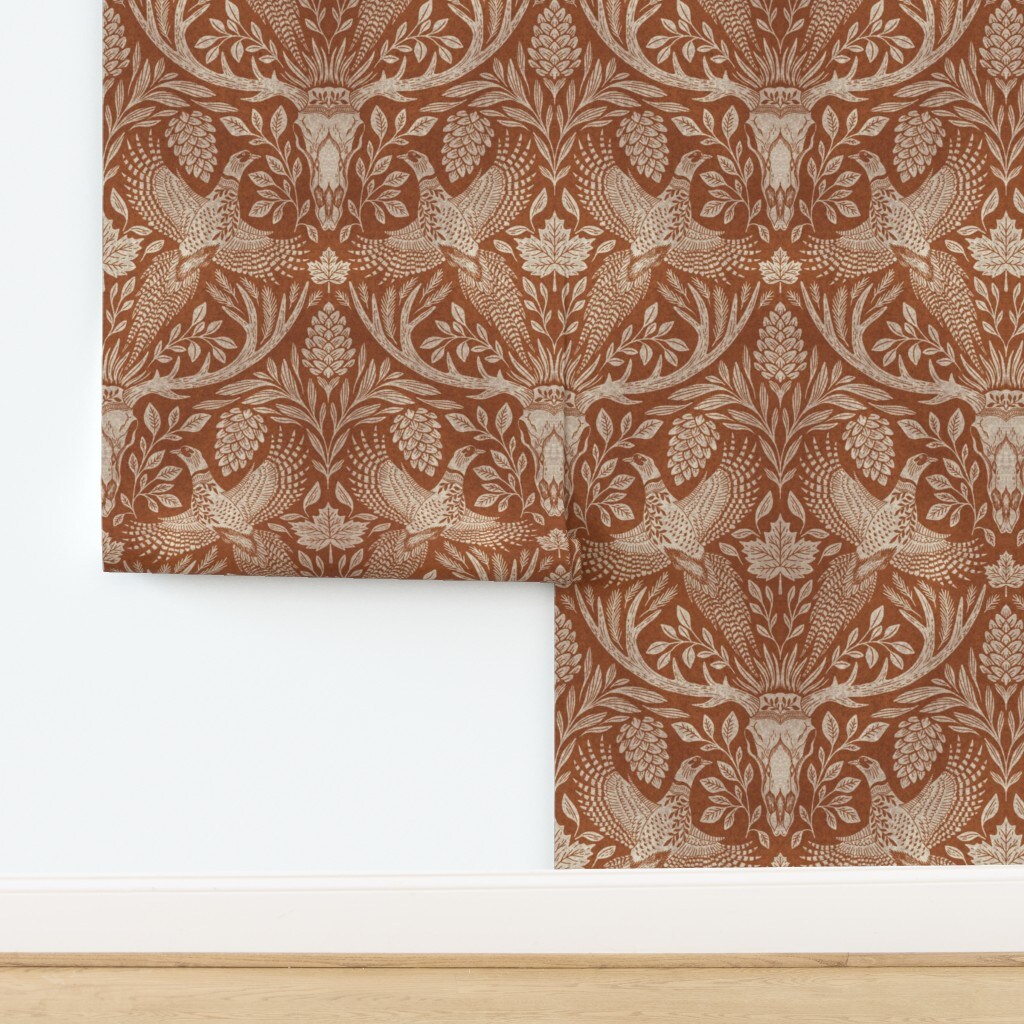 Deer Damask Antlers Pheasant Pinecones Woodland Animal Print Rustic Earth Tone Vintage Art Nouveau Texture Orange Autumnal Skull Hunting Lodge Custom Pre-pasted Wallpaper by Spoonflower Pre-Pasted Wallpaper 2FT Wide