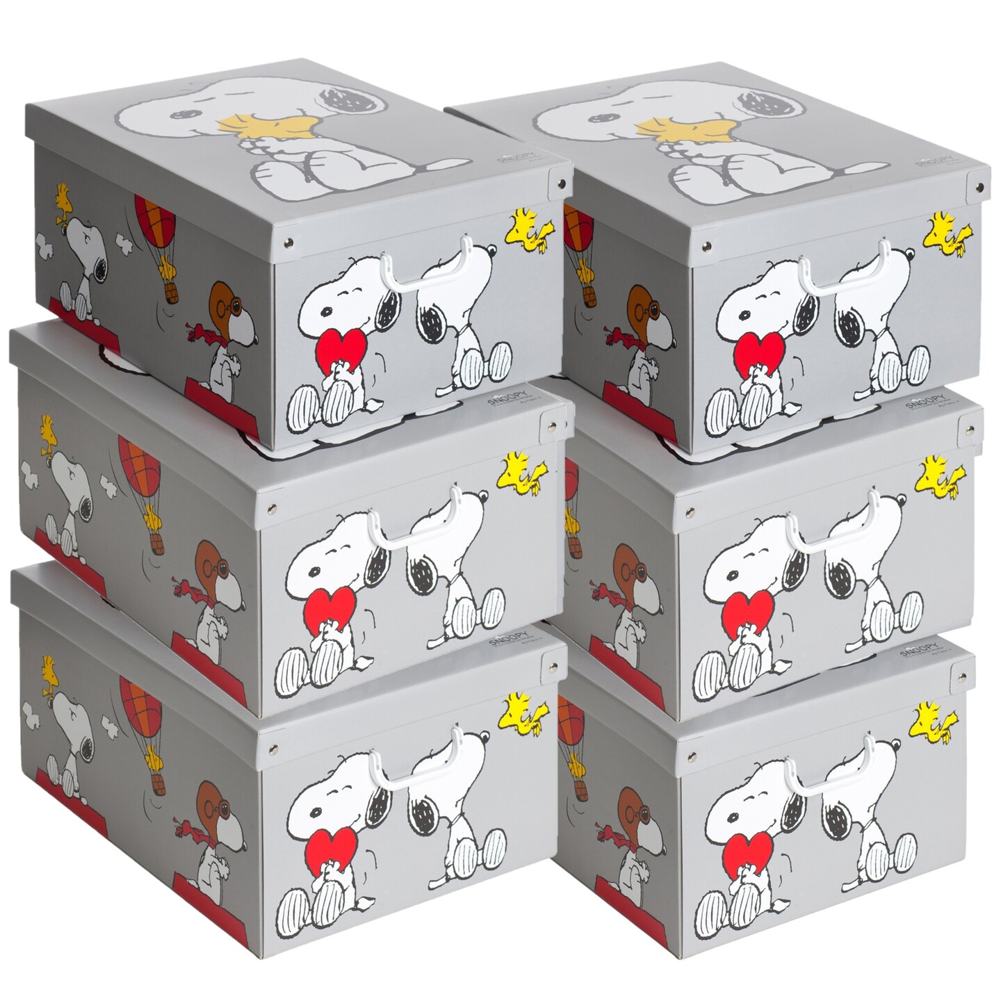 Lavatelli: Storage Box 6 Pack: Large - Snoopy - Grey, Lid & Handles, Decorative Cardboard Organizer, Stack-Fold, Home-Clothes-Toys, 19.7 x 15.4 x 9.4"