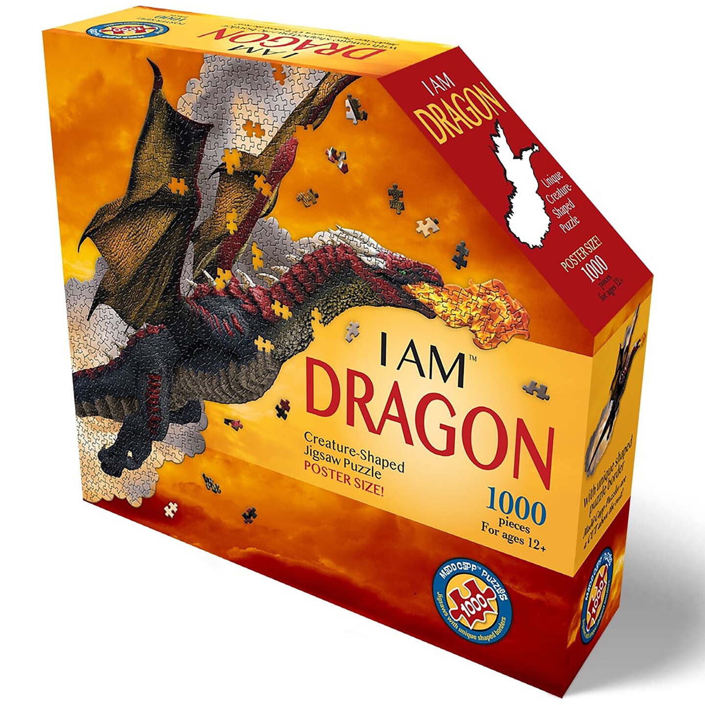 Madd Capp: I Am Dragon - 1000 Piece Dragon Shaped Jigsaw Puzzle, 41x20" Finished Size, Includes Educational Fun Fact Booklet, Fantasy Puzzle
