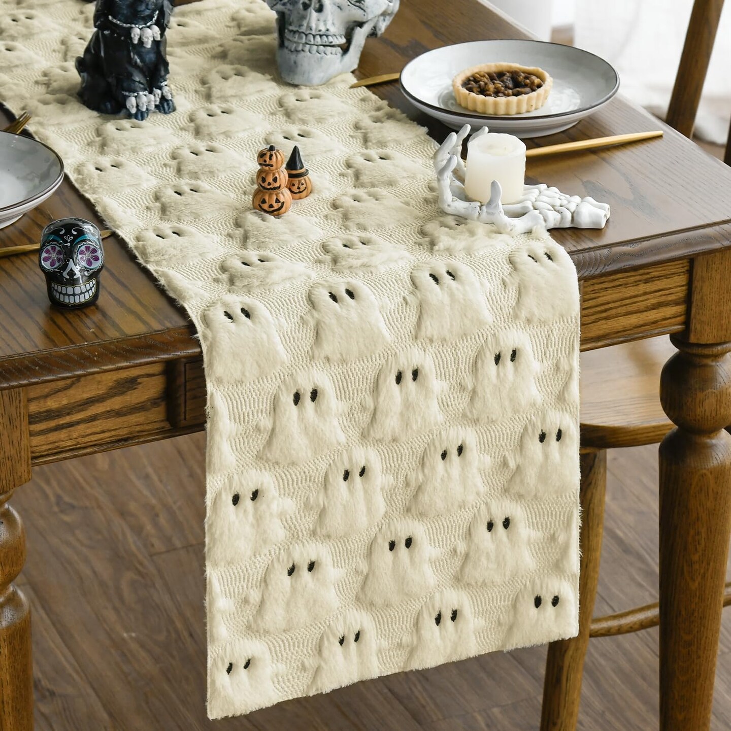 Beige Ghost Soft Plush Faux Fur Jacquard Halloween Table Runner