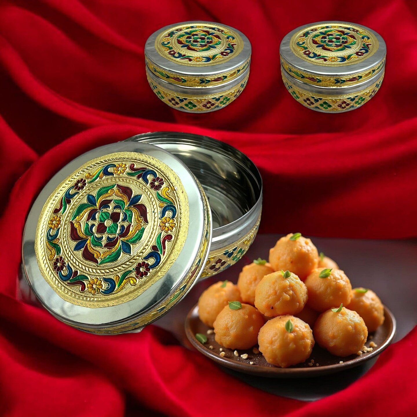 Meenakari Stainless Steel Box Decorative Round Cookie Tin Indian Wedding Favor Container Dabba for Sweets Laddu Dryfruit Chocolate Multipurpose Storage Box - Housewarming Return Gift