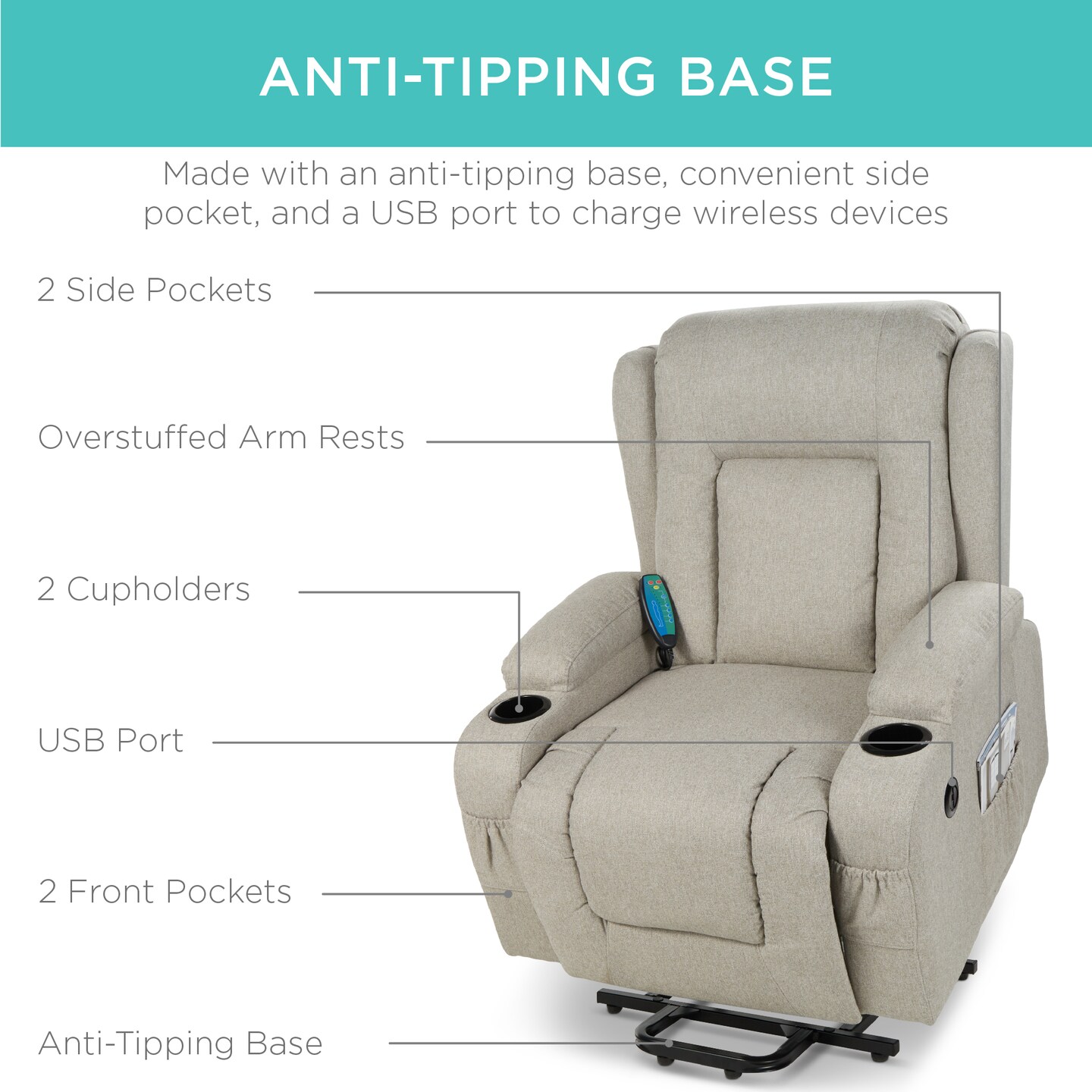 Best Choice Products Electric Power Lift Linen Recliner Massage Chair Furniture w/ USB Port, Heat, Cupholders