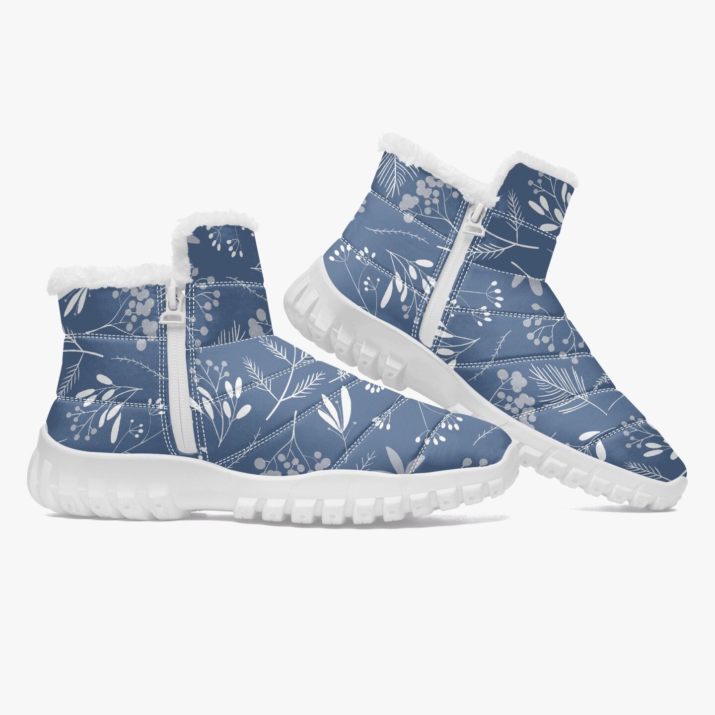 Unisex Winter Boots With Faux Fur Liningwinter Flowers On Silver Blue Double Zip Lightweight Comfortable Winter