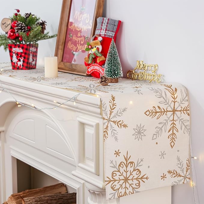 Snowflake Decorations Christmas Runner for Table Seasonal Chriatmas Winter Holiday Decor for Indoor Outdoor Dining Table Decorations (13&#x22; x 72&#x22;)