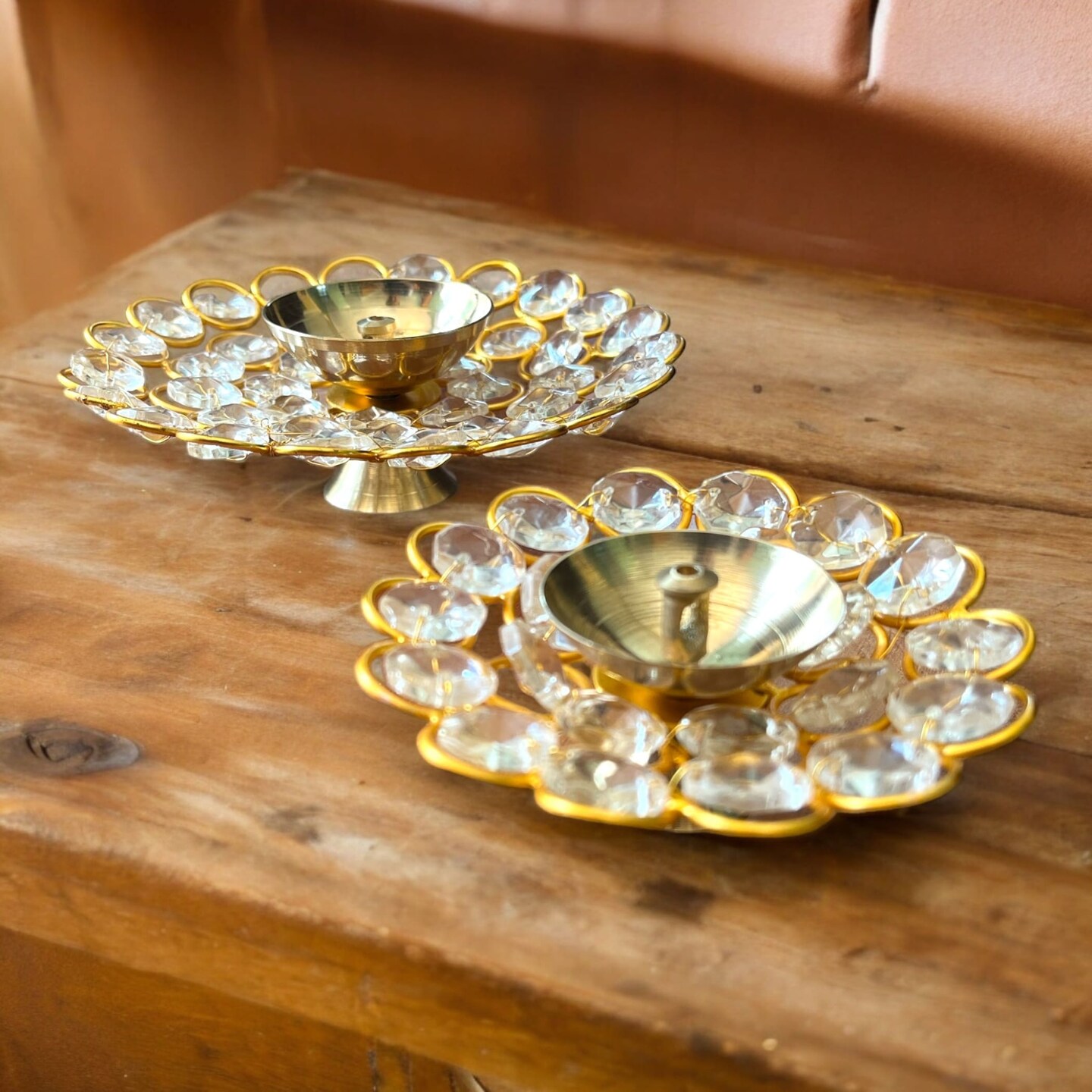 Brass Decorative Diya with Acrylic Glass Floral Design &#x2013; Diwali Diyas for Puja, Kuthu Vilakku, Home Temple Decor, Deepam, Deepawali Decoration, Lantern, Housewarming Return Gift