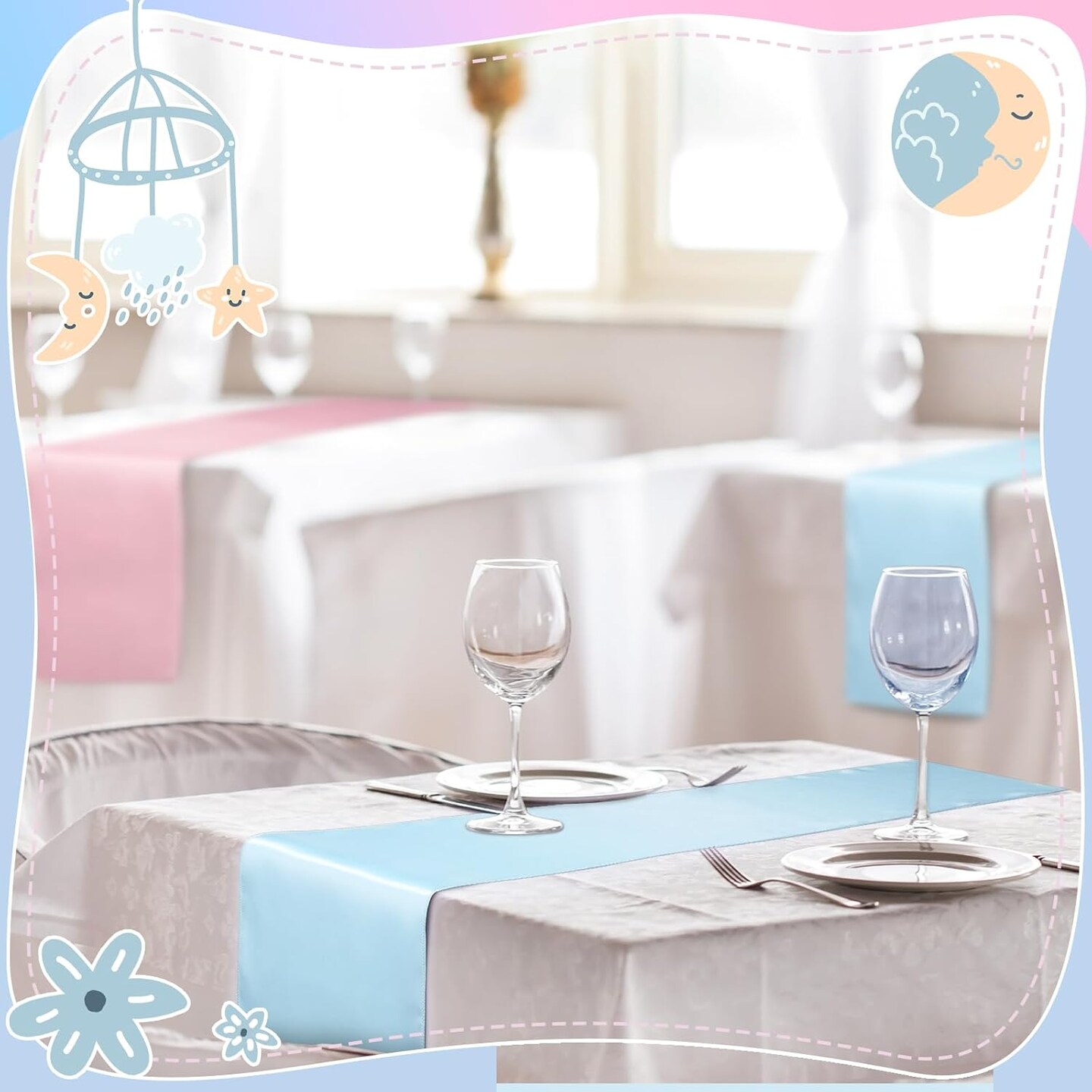 12 Pcs Pink Blue Table Runner, 72 Inch Satin Table Runner for Baby Shower, Gender Reveal, New Year, Valentines Day, Wedding Banquet, Birthday Party