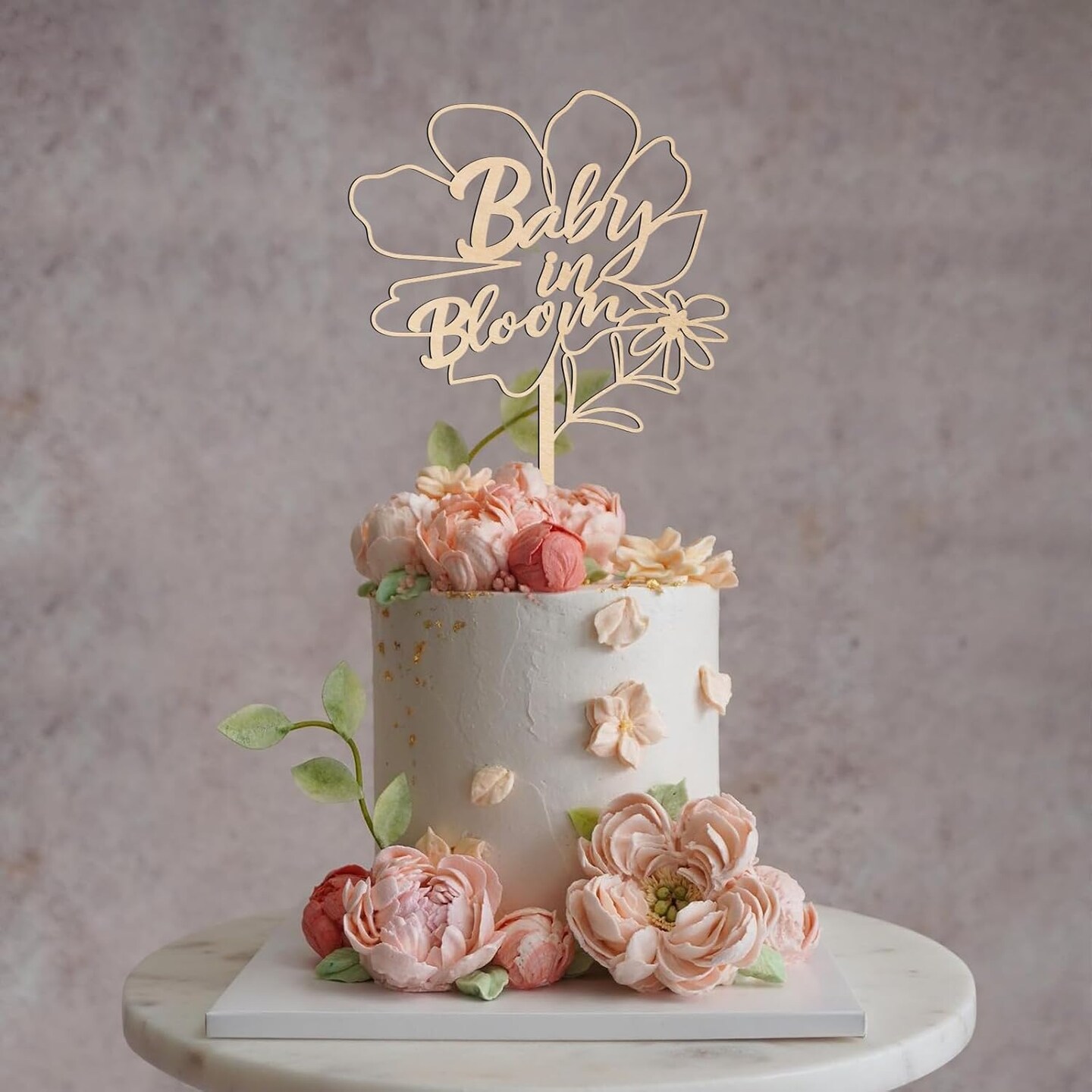 Baby in Bloom Cake Topper in Wood Baby Shower Gender Reveal Party Cake Decoration (Design 02)