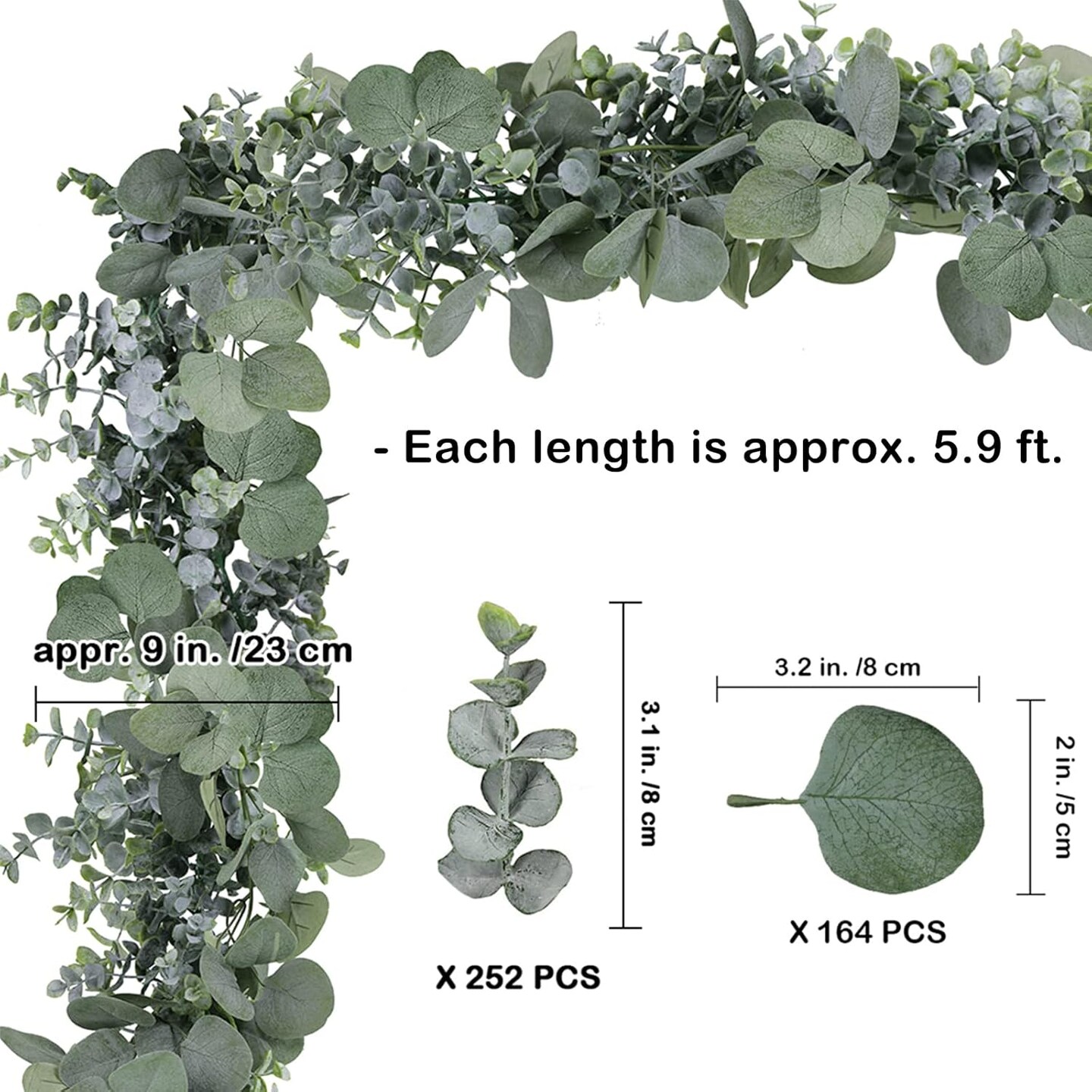 5.9&#x27; Long Faux Silver Dollar Eucalyptus Leaves Greenery Artificial Garland in Grey Green for Wedding Arch Swag Backdrop Doorways Table Runner Indoor Outdoor