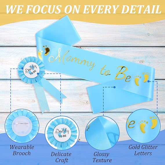2 Pack Blue Baby Shower Sash Mom to Be Sash Baby Shower Mommy And Daddy To Be Badge Decorations Gender Reveal Props