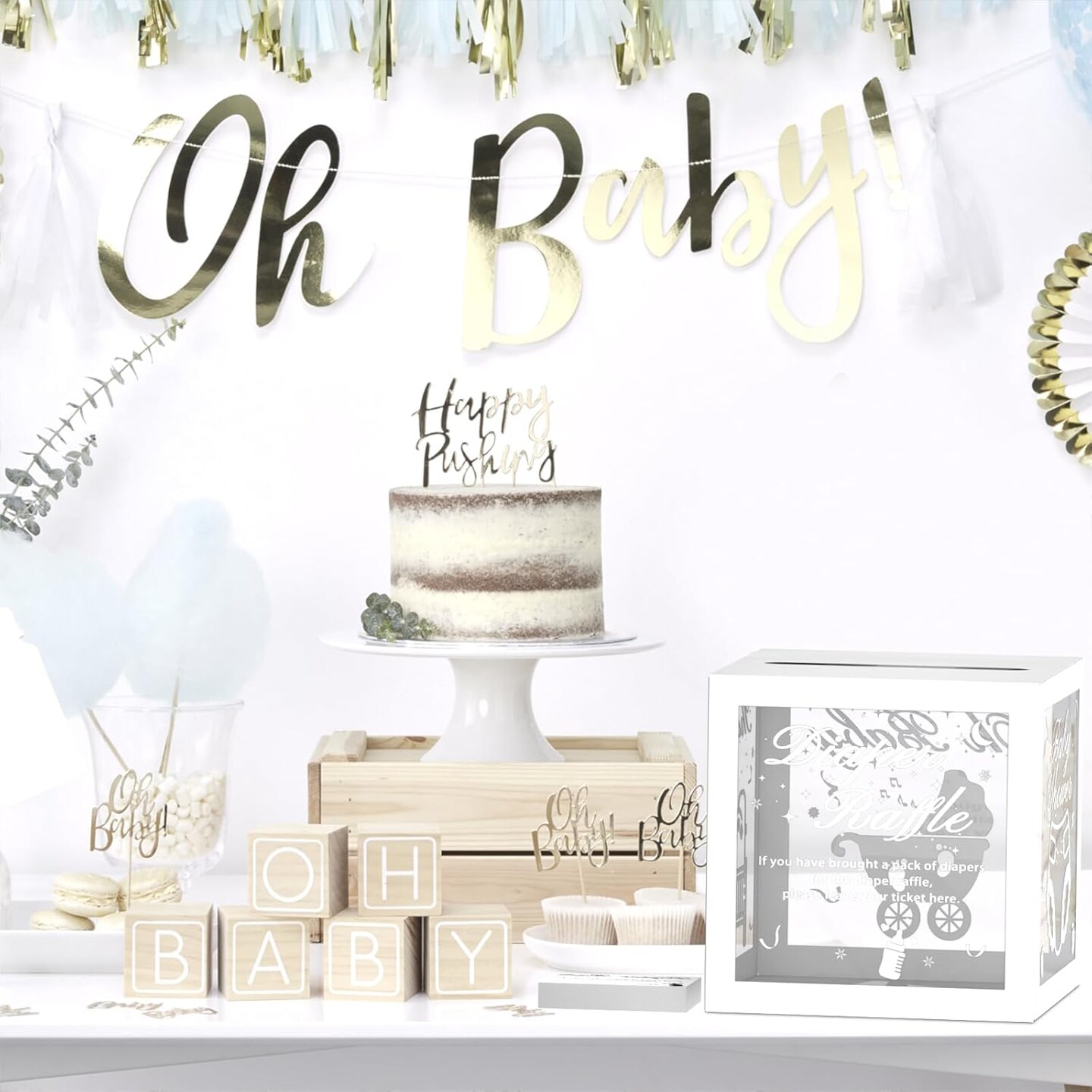 50 Pcs Diaper Raffle Tickets With Box for Baby Shower, Gender Reveal Card, Games, Party Decorations, Table Centerpiece