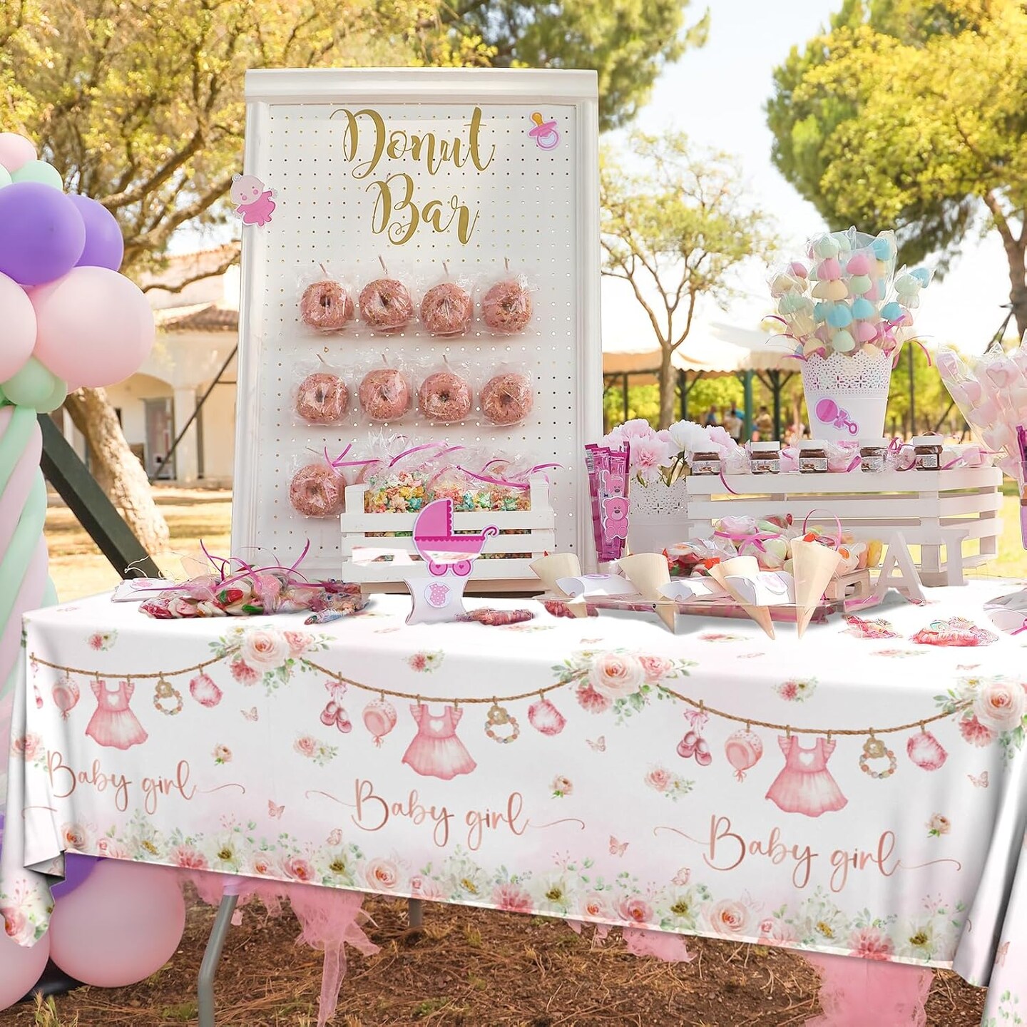 3 Pack Baby Shower Tablecloth Decoration,Floral Baby Girl Baby Shower Decoration Waterproof Pink Flower Baby Shower Tablecloth for Girl Baby Shower Gender Reveal Party Decoration