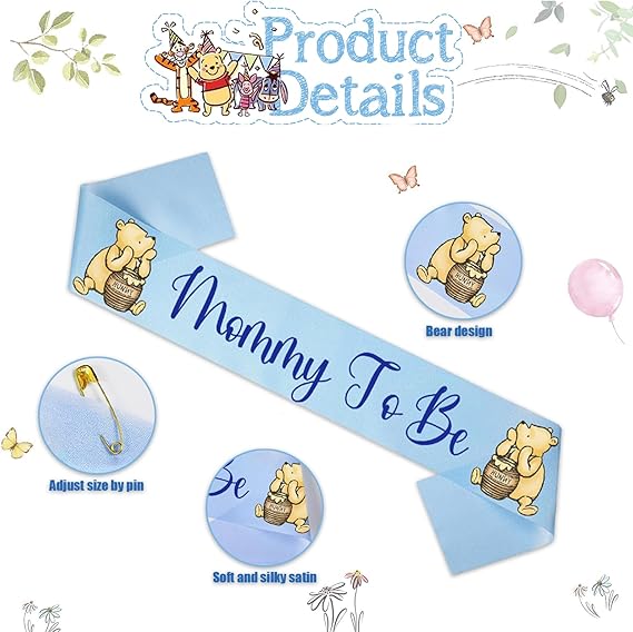 Winnie Baby Shower Sash Mom to Be Sash and Dad to Be Pin Flower Crown for Gender Reveals Party Baby Shower Decorations