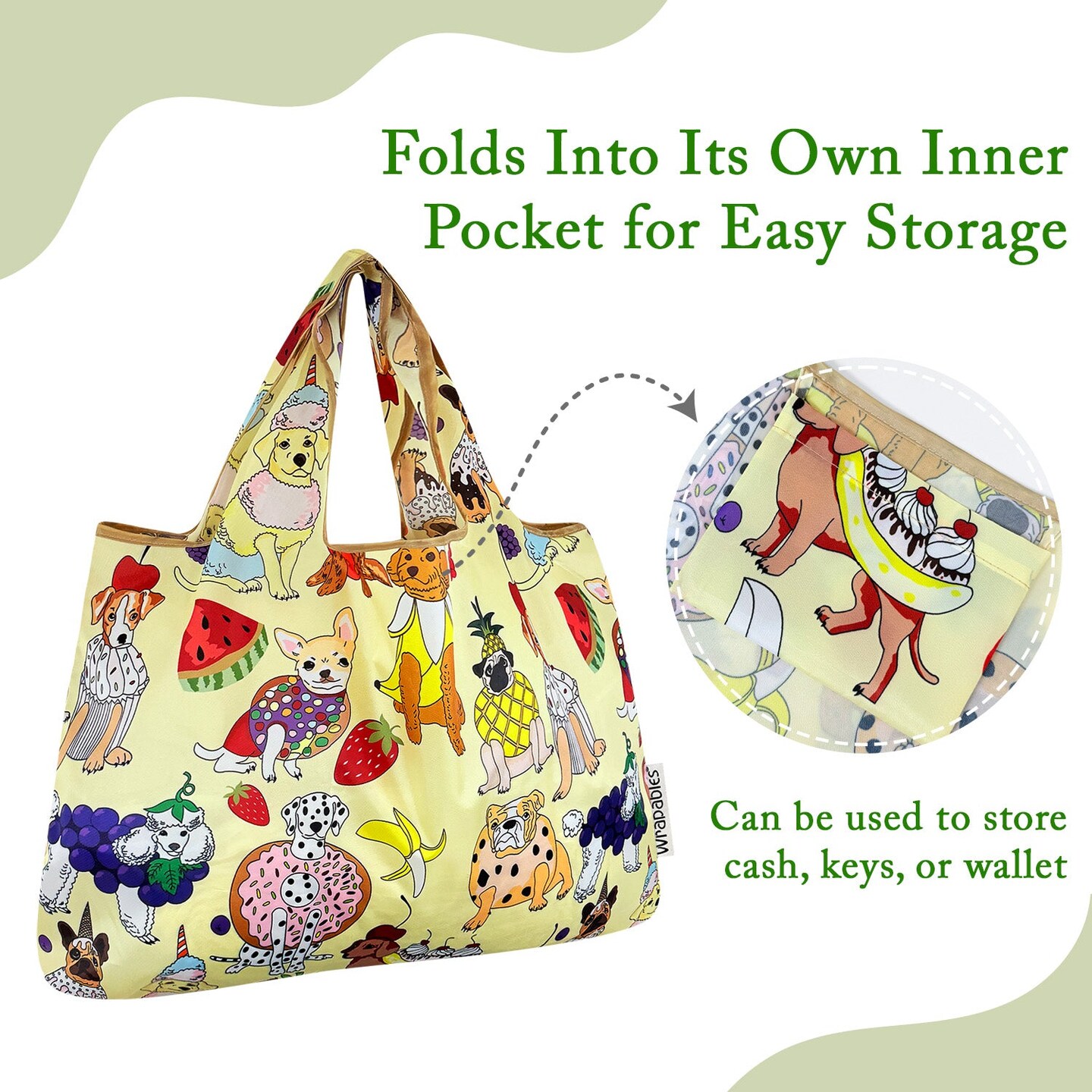 Wrapables Large Foldable Tote Nylon Reusable Grocery Bags, Dessert Dogs