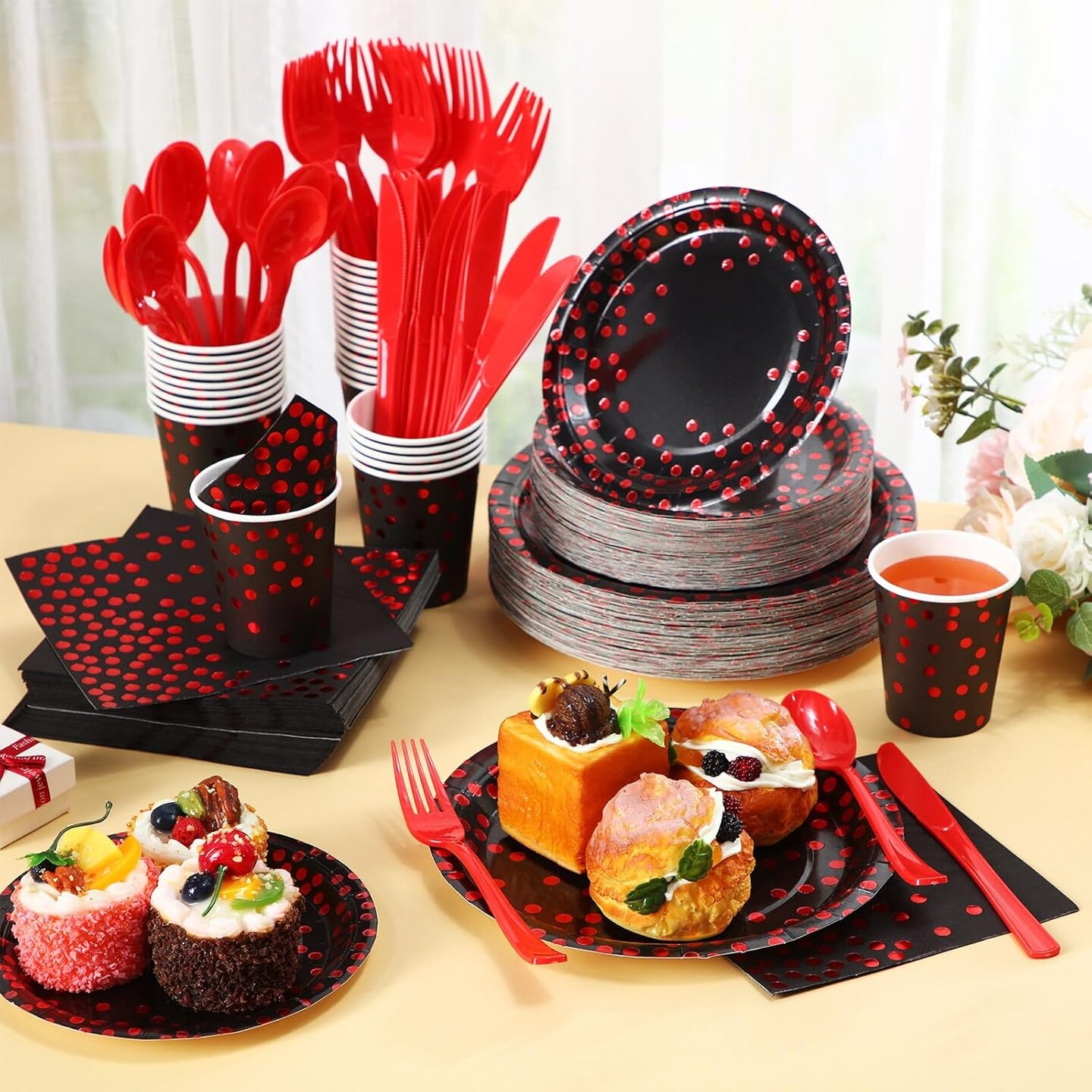 560 Pcs Black and Red Party Supplies for 80 Guests - Disposable Dinnerware Set with Black and Red Paper Plates, Napkins, Cups, Plastic Forks, Knives and Spoons