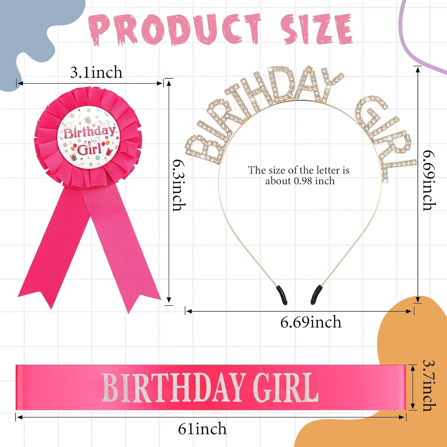 Birthday Girl Set - Rose Red - Sash, Crown, and Award Ribbon for Girls&#x27; Birthday Party Decorations