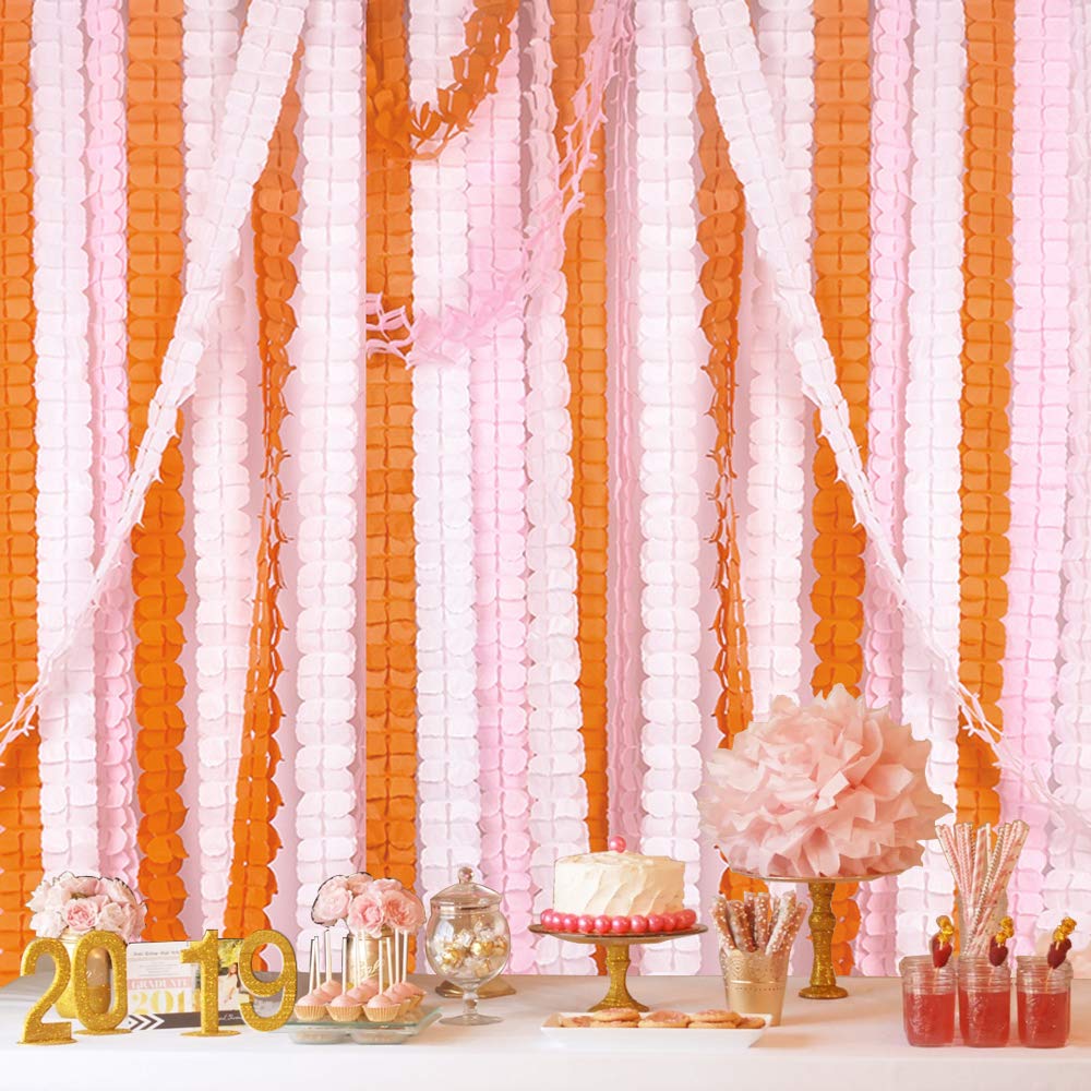 Party Streamers 6pcs, 11.81 Feet/3.6 M Each Reusable Four-Leaf Clover Paper Flower Garland for Party, Wedding Decoration (Pink-White-Orange)