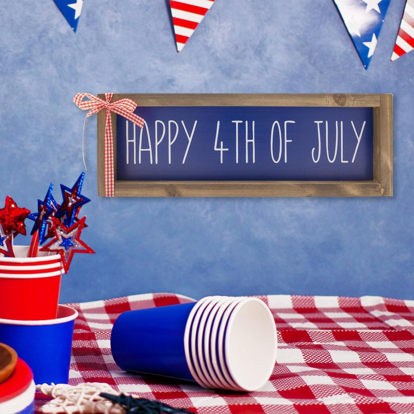 Happy 4th Of July Sign Independence Day Decorations For Home Wooden Patriotic Indoor Table Top Centerpieces Wall Mantle Office American Fourth Of July Wood Signage Farmhouse Decor