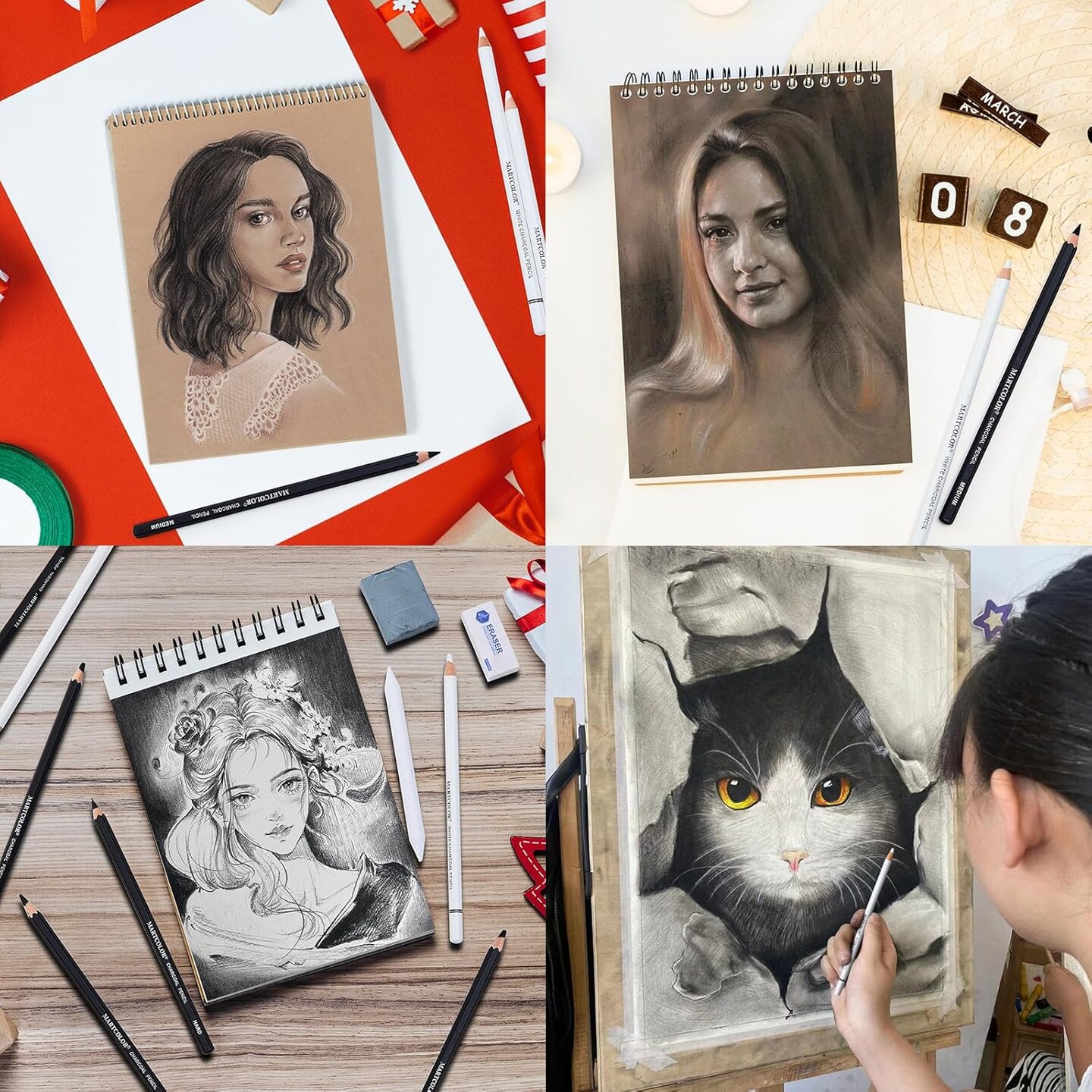 Charcoal Drawing Set, 19 Pieces, Black &#x26; White Charcoal Pencils for Drawing