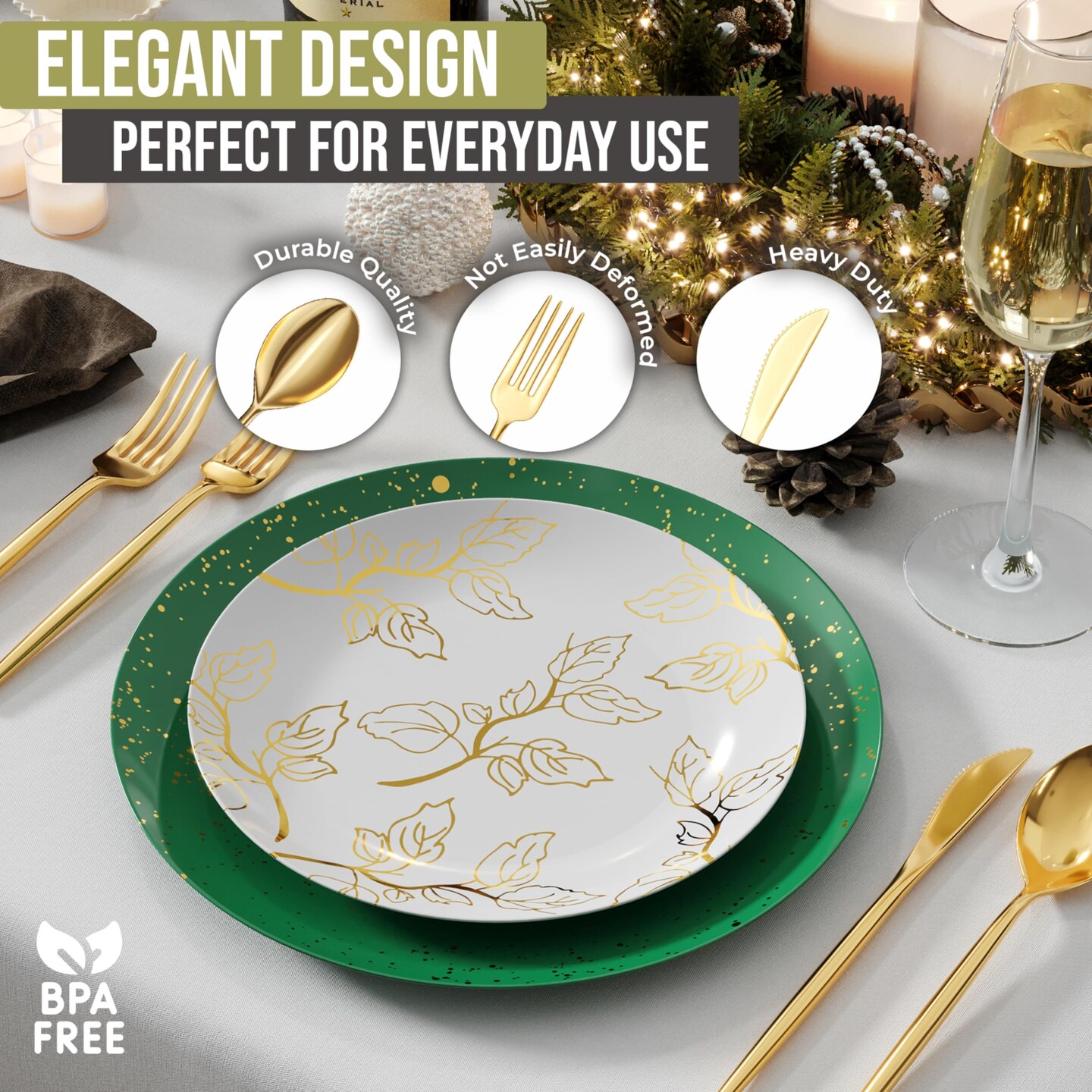 Trendables Disposable Silverware Set - Wedding Plastic Cutlery Dinnerware - Includes modern Forks, Plastic Spoons, disposable Knives - reflective Plastic Utensils Party Set