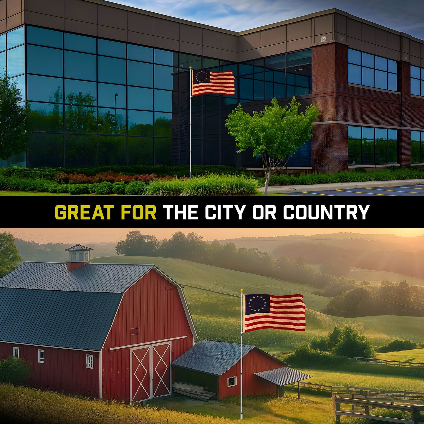 G128 Combo Pack: 16 Ft Telescoping Aluminum Flagpole (Silver) & Betsy Ross Tea-Stained Flag 3x5 Ft, ToughWeave Pro Series Embroidered 420D Polyester | Pole with Flag Included