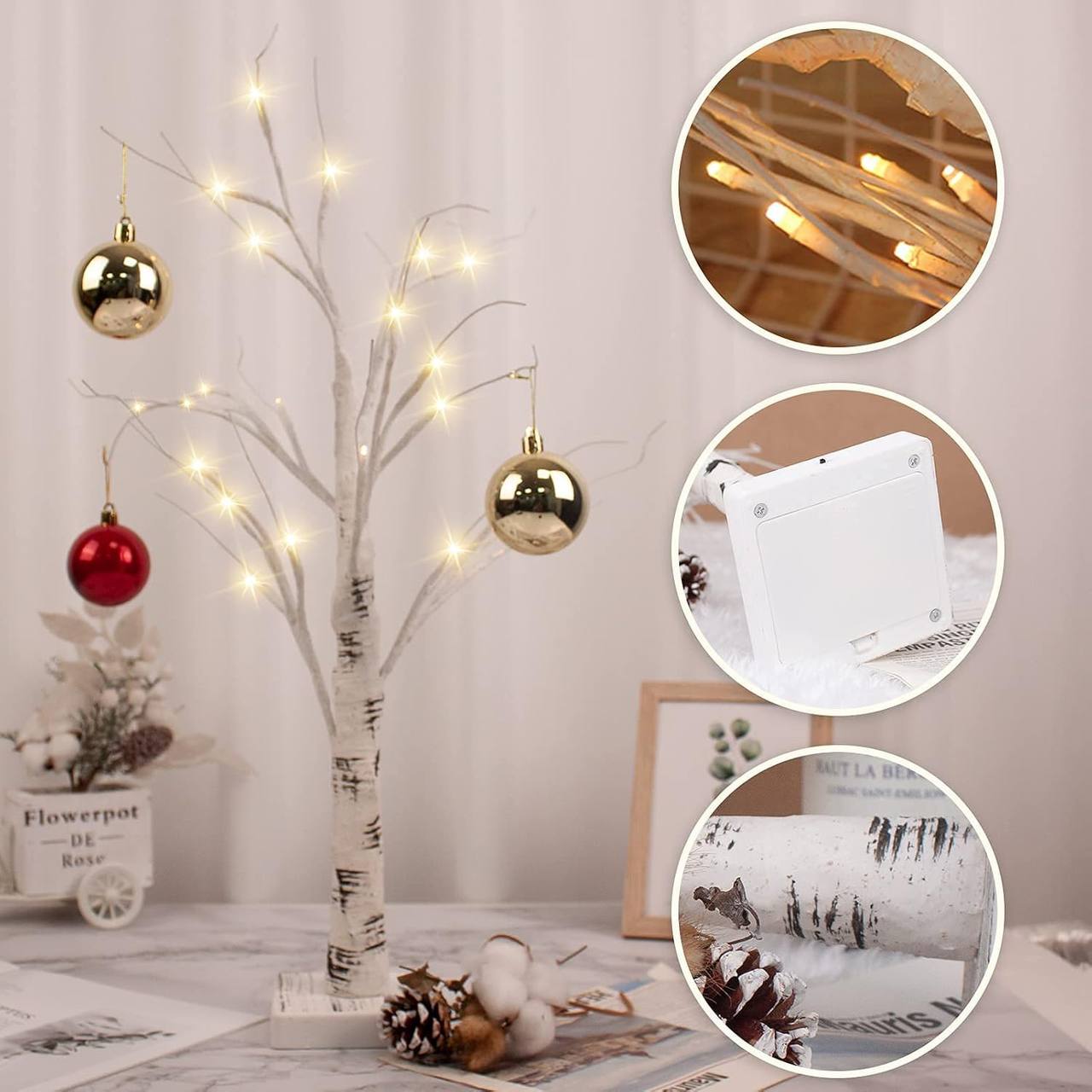 Birch Tree with 24 LED Lights Mini Christmas Tree Wedding Centerpiece Table Decorations Indoor Home Fireplace Decor