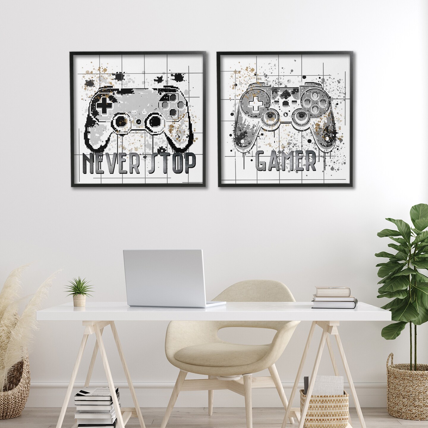 Stupell Industries Gamer Words with Modern Pixels 2pc Framed Giclee Set, design by Kim Allen